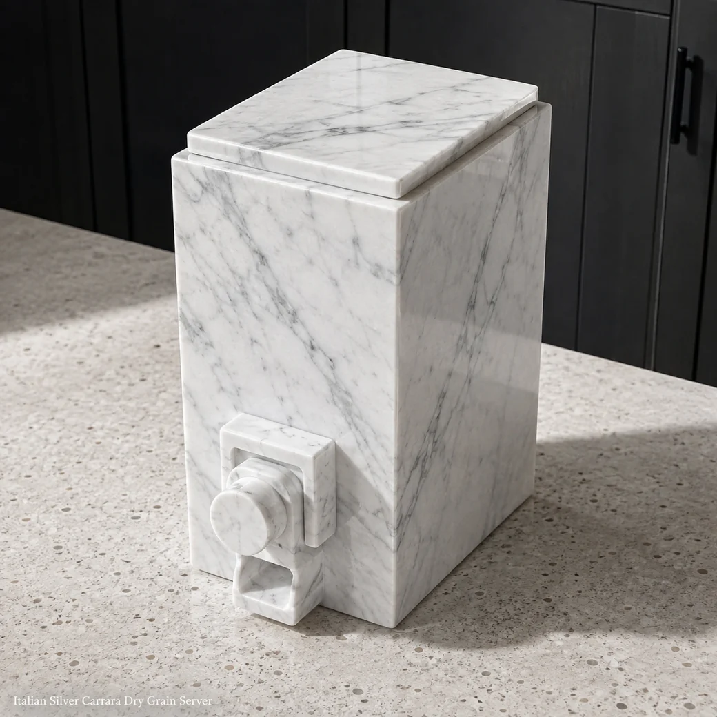 Silver white Carrara grain dispenser on pale terrazzo, high front-right view showing lid, outlet and polished side.
