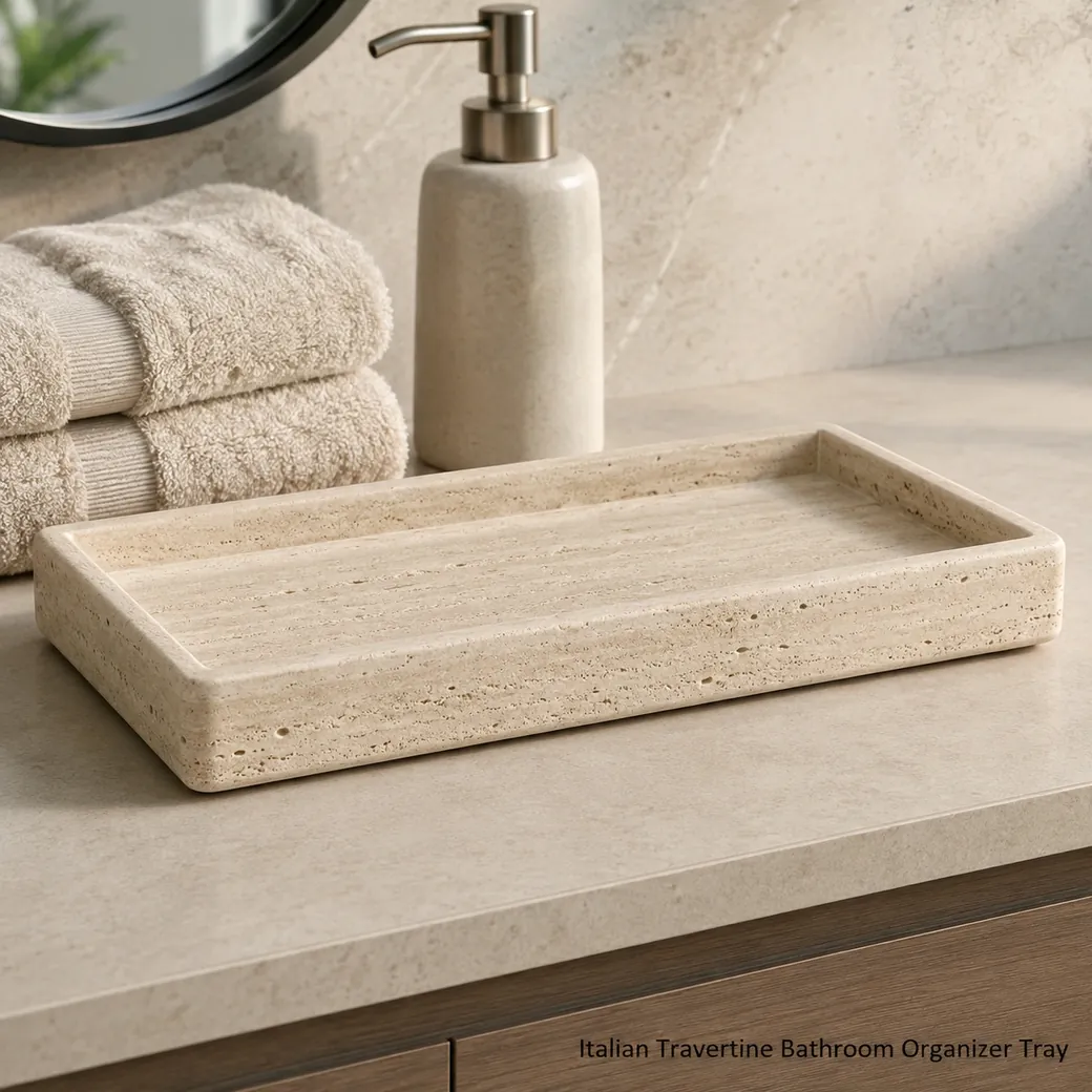 Italian Travertine bathroom organizer tray in light beige with subtle linear veining and satin-brushed finish.
