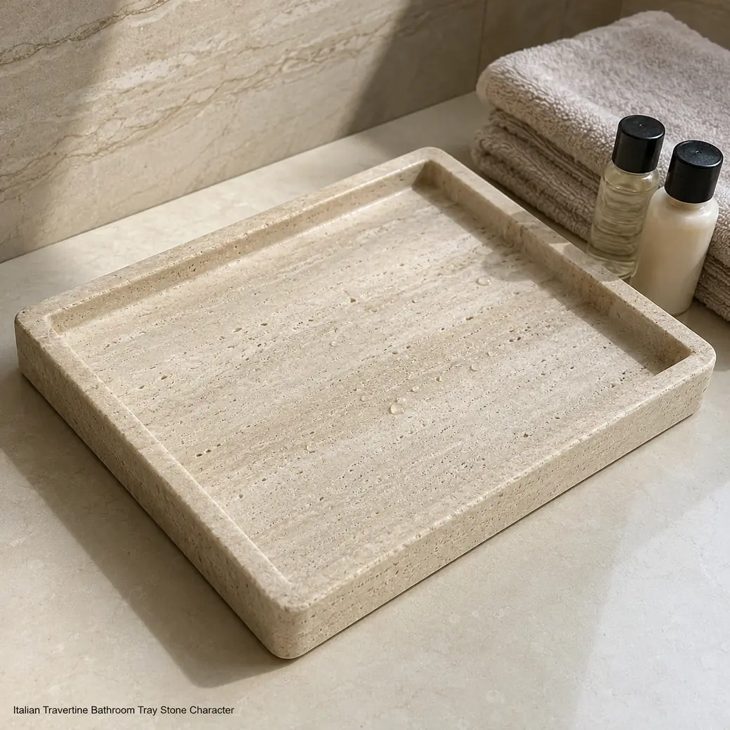 Satin-brushed Italian Travertine bathroom tray with light beige stone and subtle linear veining