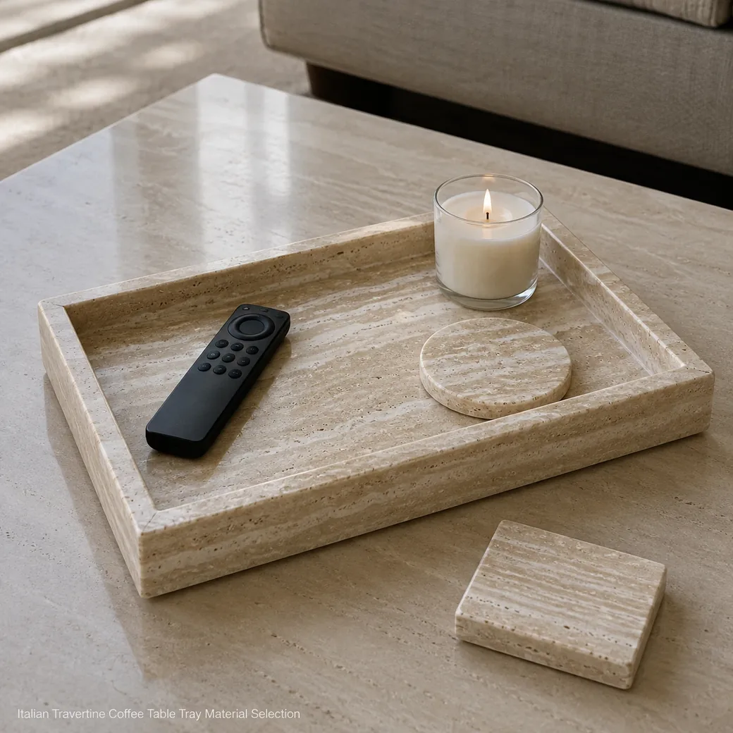 Polished-masticated Italian Travertine coffee table tray with pale beige stone and ivory banding