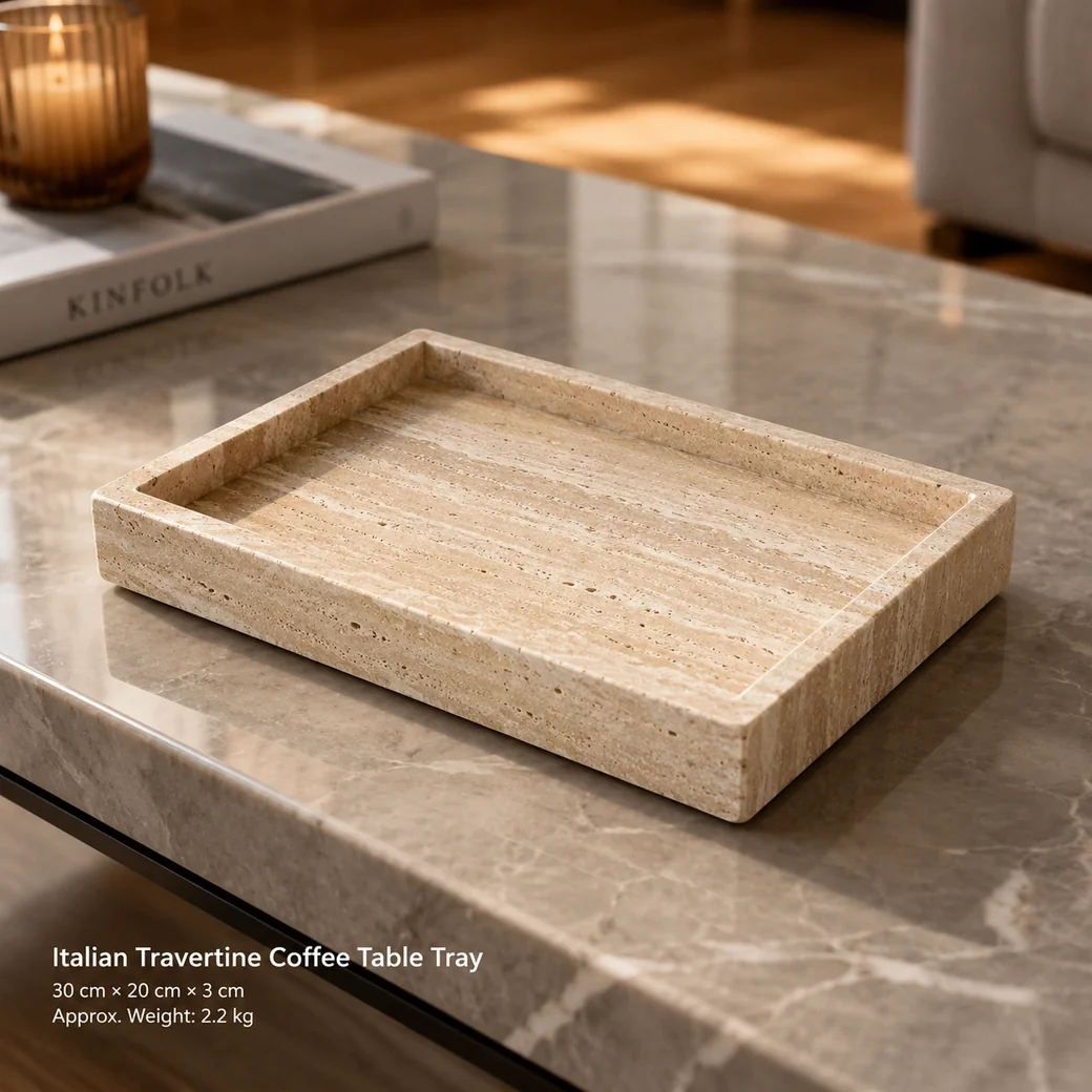 Italian Travertine coffee table tray in pale beige with ivory bands and polished-masticated finish.