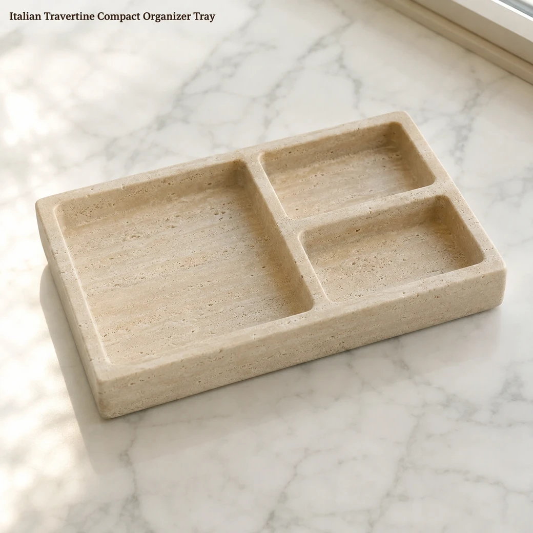Italian Travertine organizer tray in classic cream-beige with divided sections and brushed-honed finish.