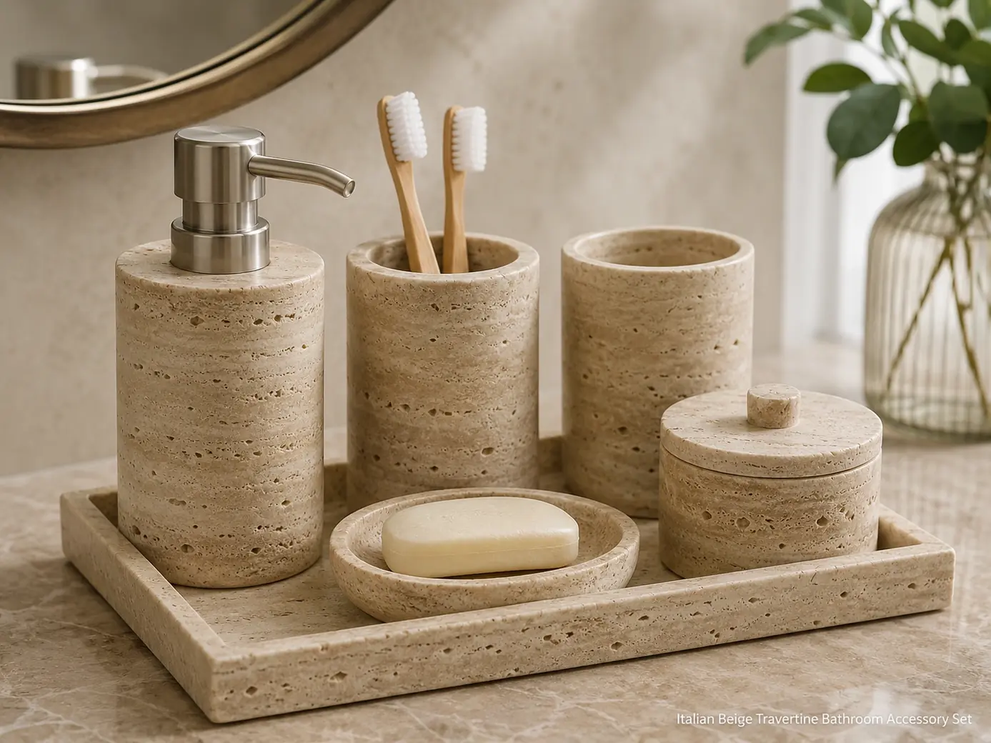 Coordinated Italian travertine bathroom set with soap dispenser, holders, tray and natural sand-beige stone