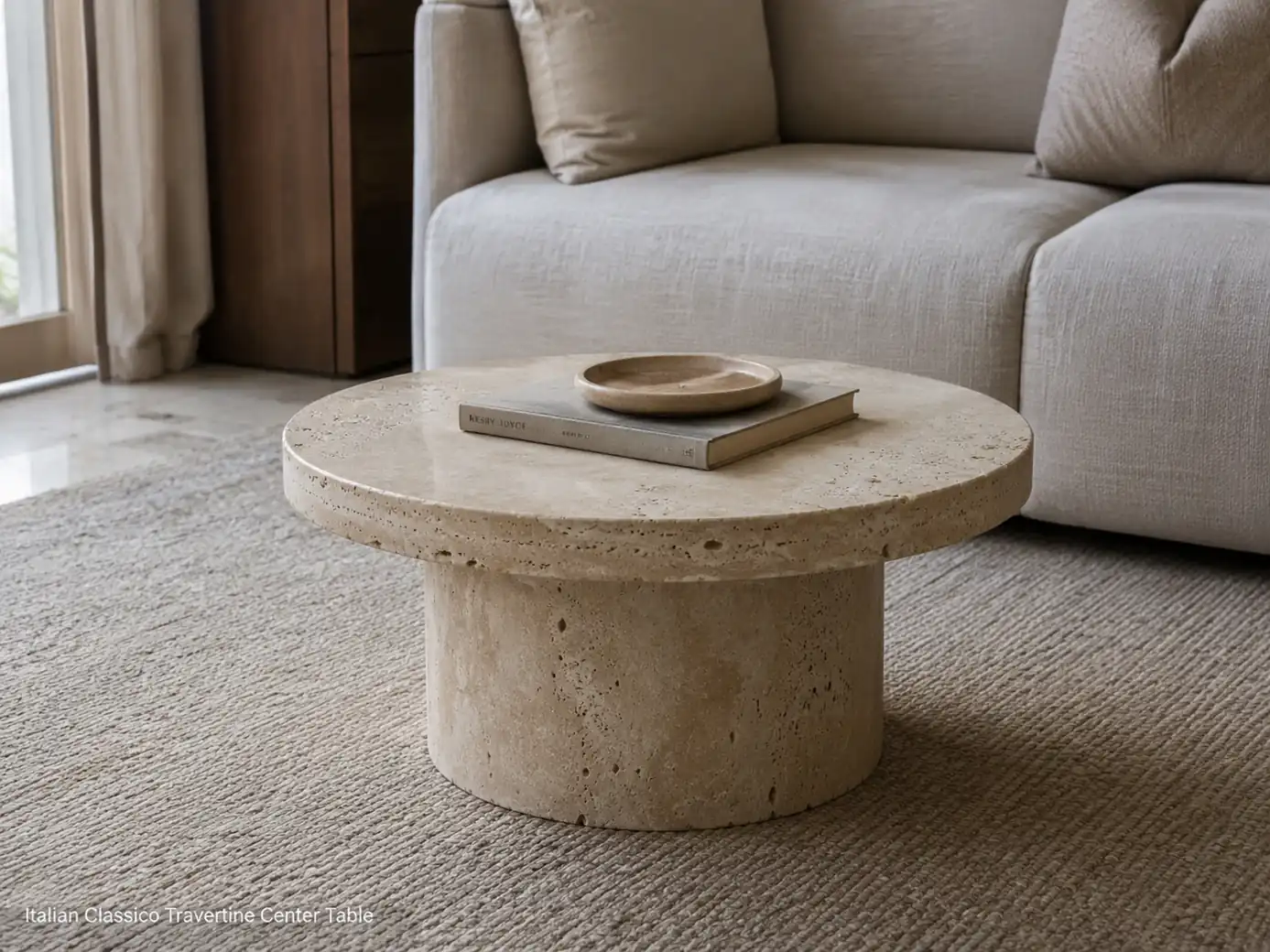 Honed Italian travertine center table in a living room with warm ivory stone and filled natural pores