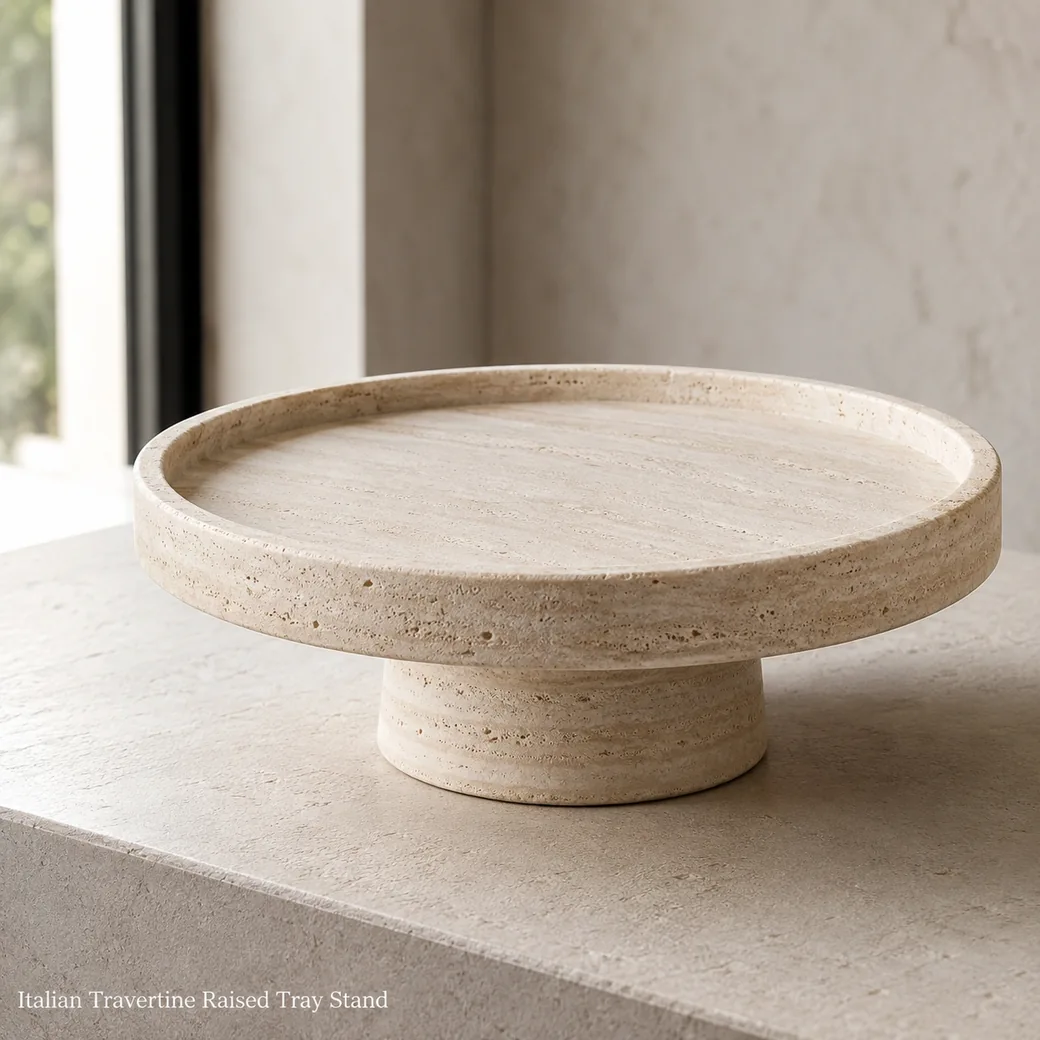 Italian Travertine raised tray stand in soft cream beige with brushed-tumbled texture and pedestal base.