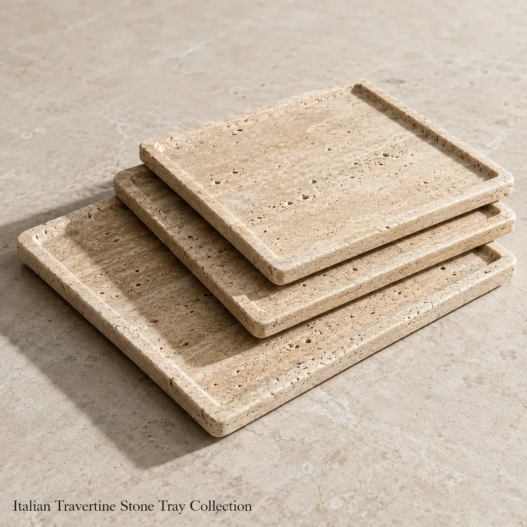 Italian Travertine tray set in warm stone beige with visible natural pores and unfilled brushed finish.