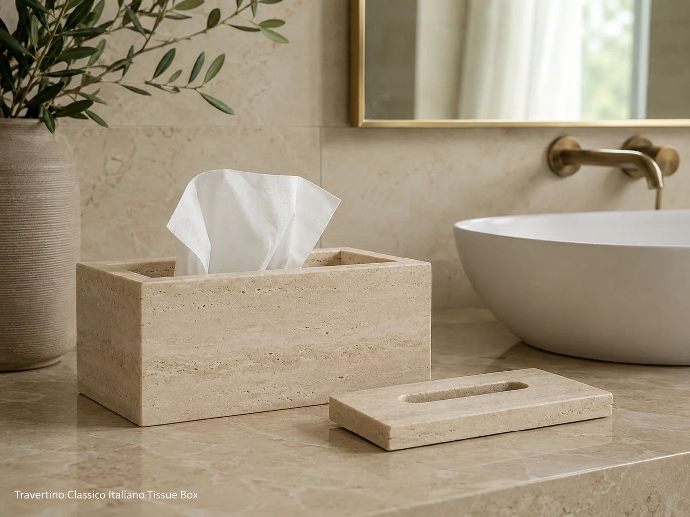 Honed Italian travertine tissue box with soft cream-beige pores and white tissues on a bathroom vanity