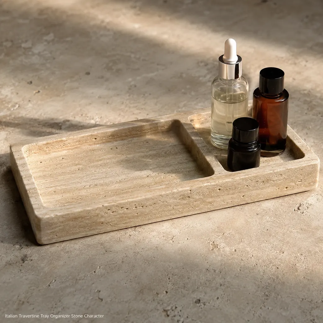 Filled brushed-honed Italian Travertine tray organizer with cream-beige stone and natural banding