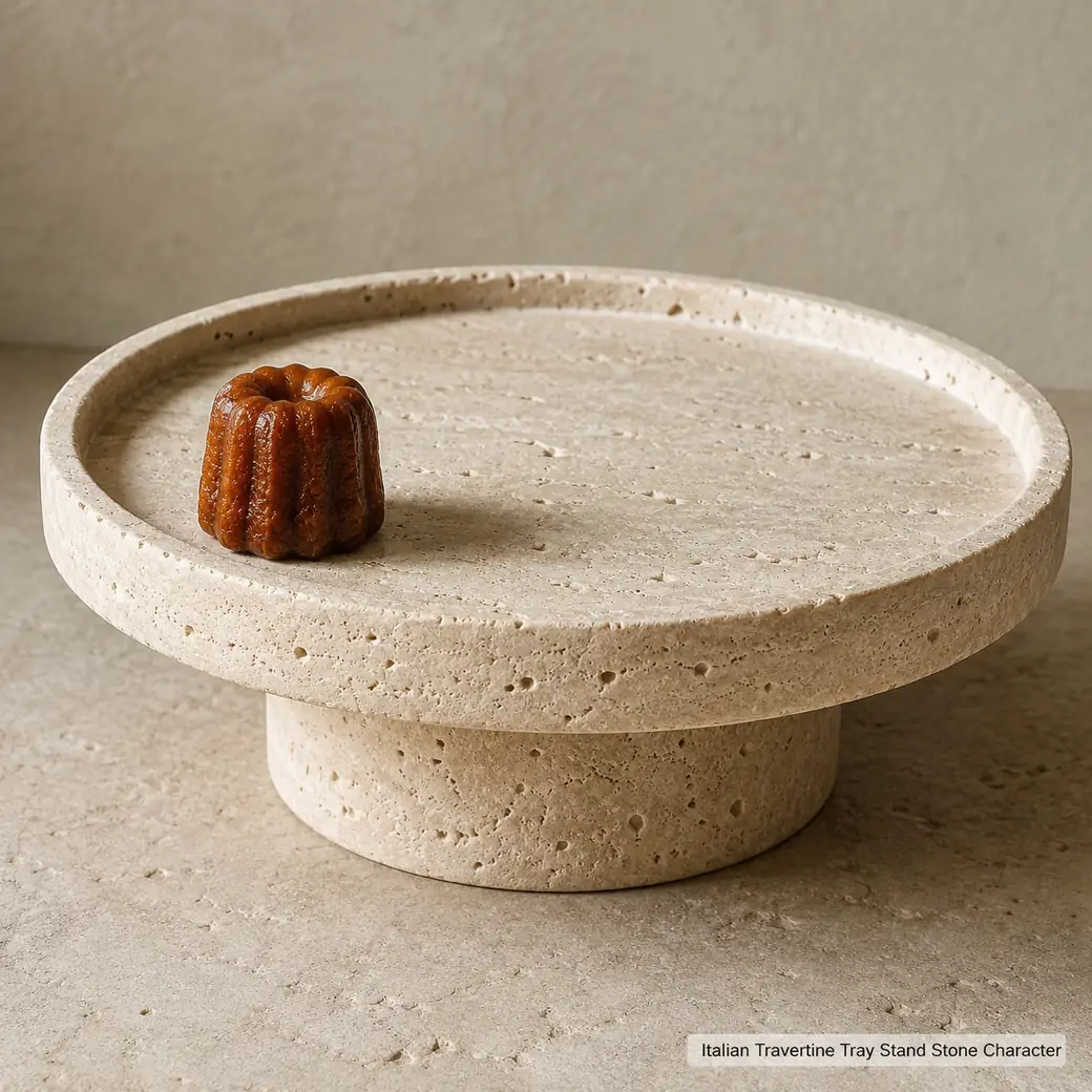 Brushed-tumbled Italian Travertine tray stand with soft cream-beige stone and textured natural pores