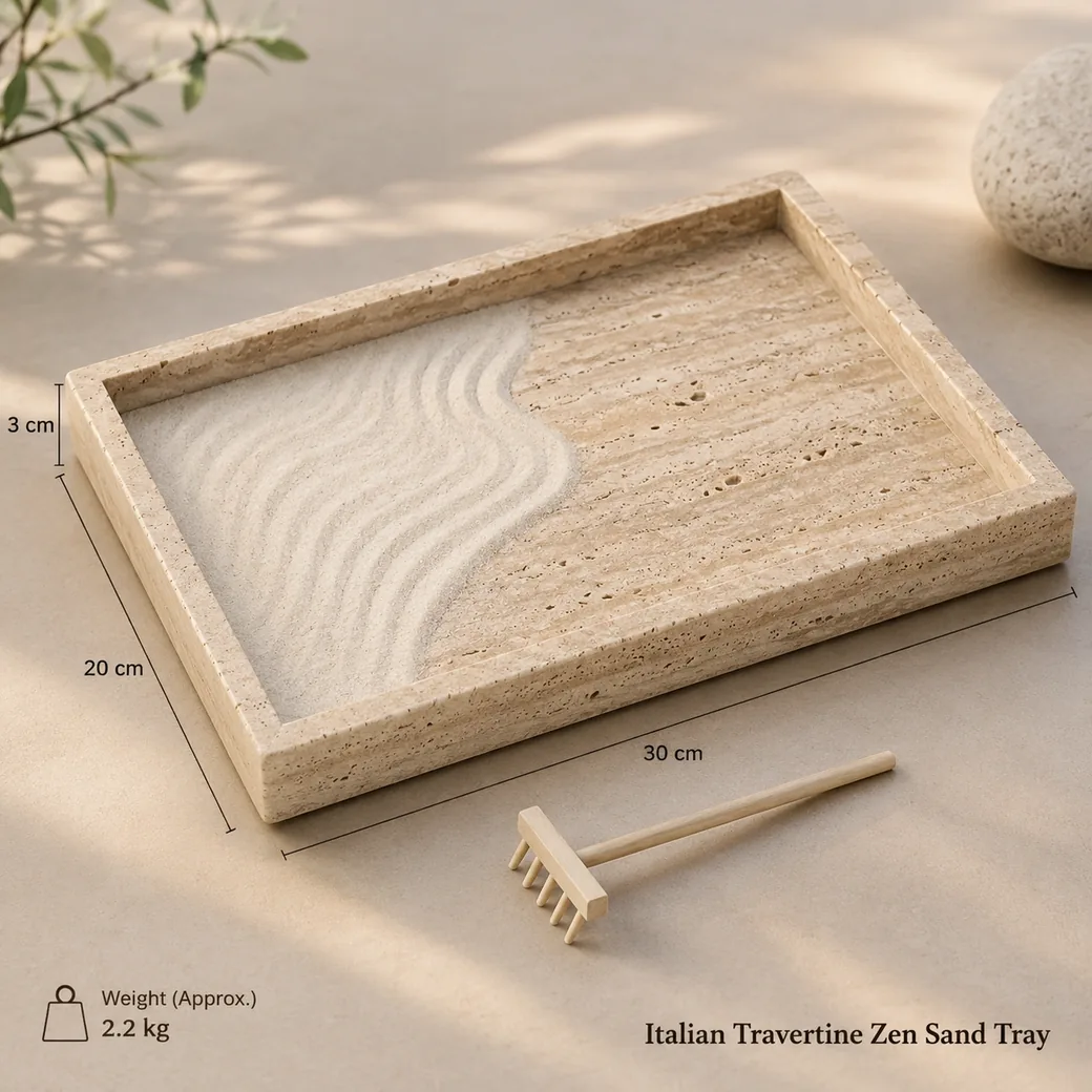 Italian Travertine Zen sand tray in champagne beige with natural pores, brushed finish and pale sand.