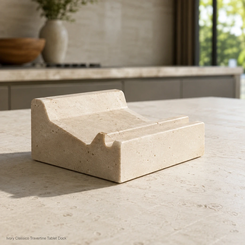 Ivory Classico travertine tablet dock on pale stone island, low side view showing machined slot and satin-filled pores.