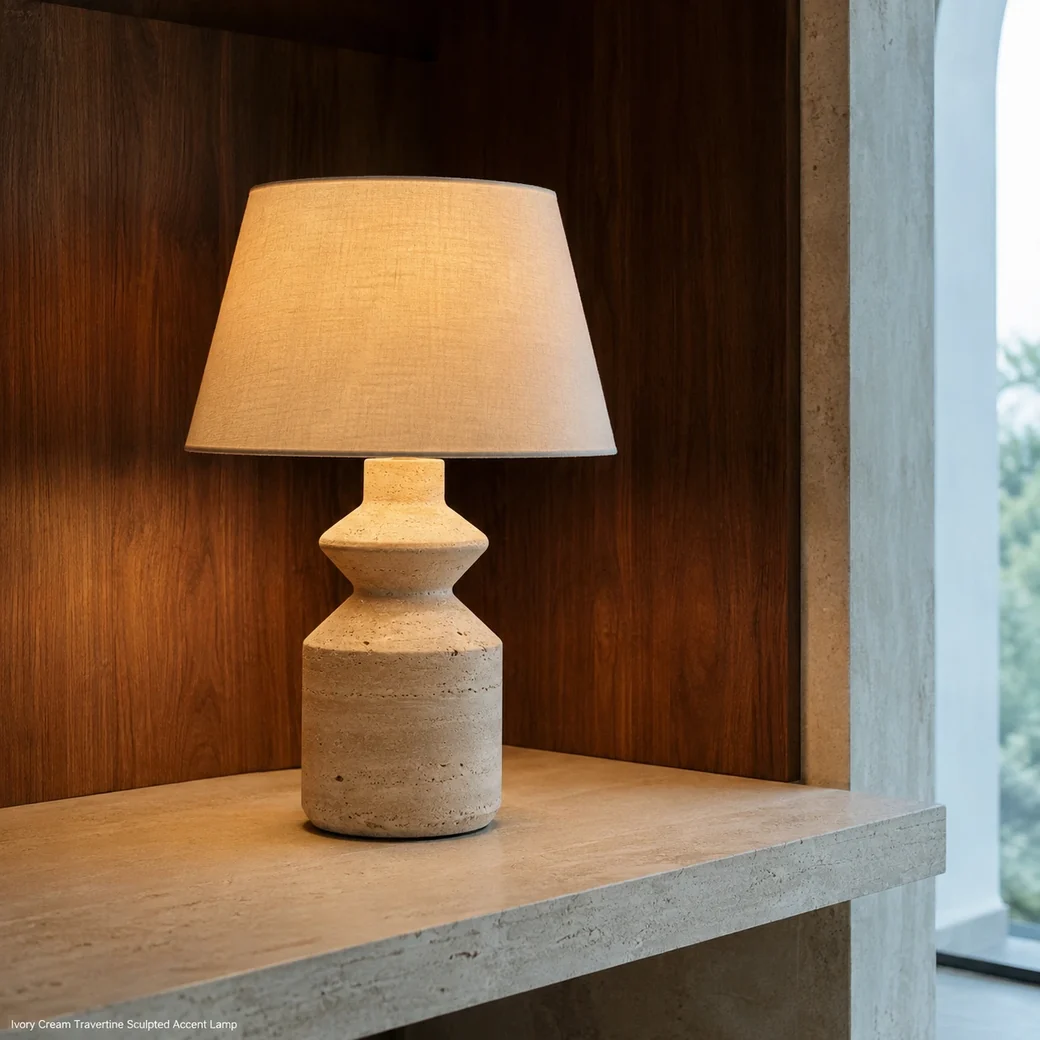 Ivory cream travertine lamp switched on in a walnut reading niche, viewed from a low front-left angle