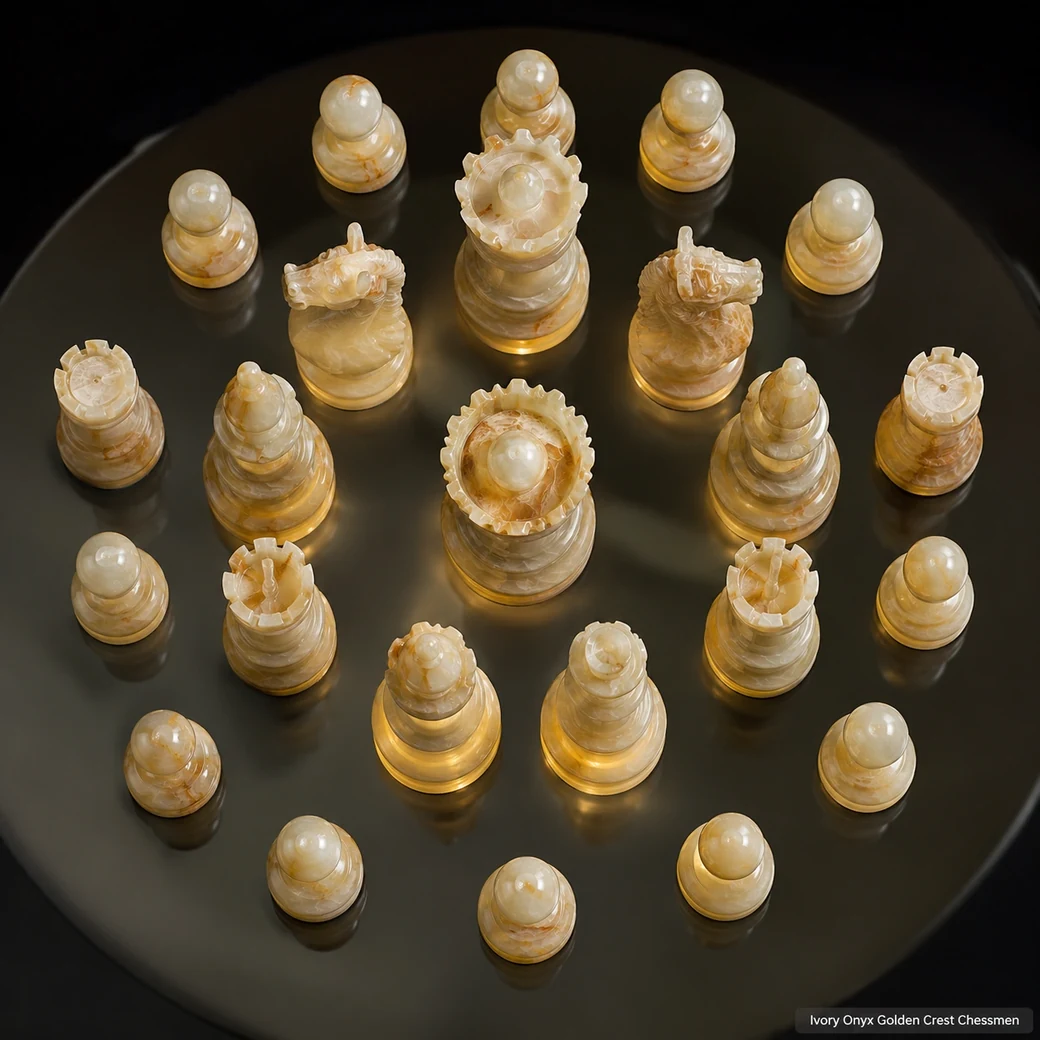 Overhead ivory onyx chessmen in a concentric circle with warm golden veins and polished translucency