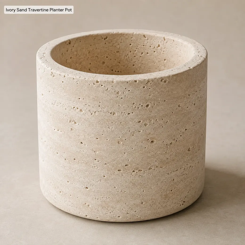 Ivory sand travertine planter pot with porous texture and sanded finish