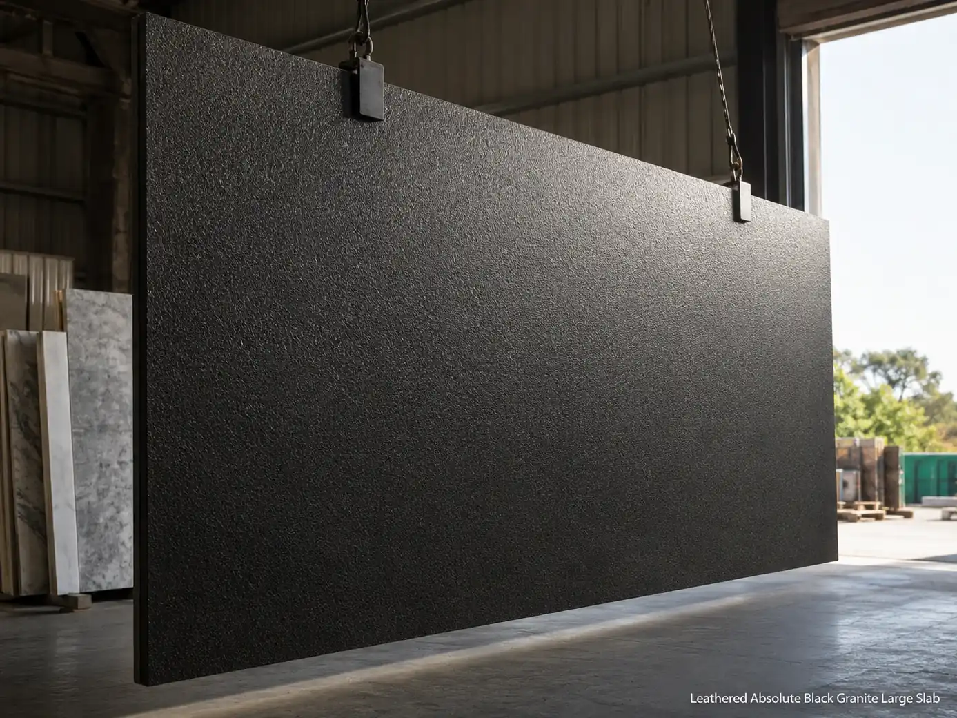 Large leathered black granite slab suspended in a fabrication bay and viewed from a low side angle
