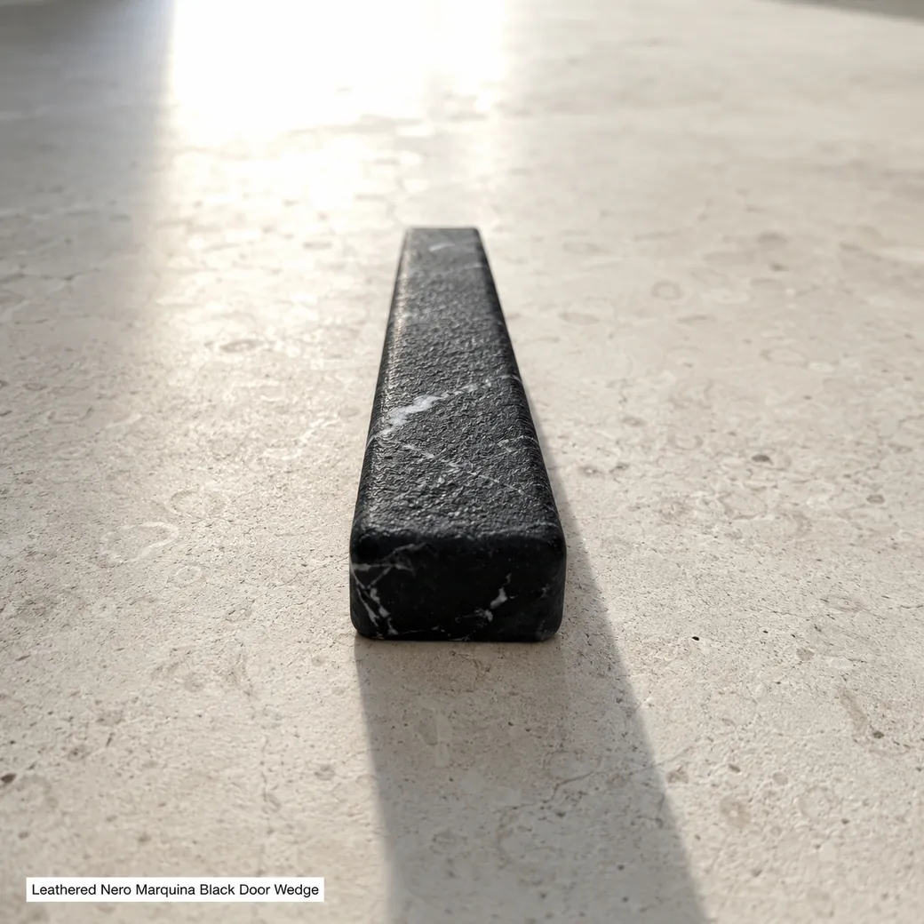 Nero Marquina door wedge on pale limestone floor, floor-level view with tactile black grain and long shadow.