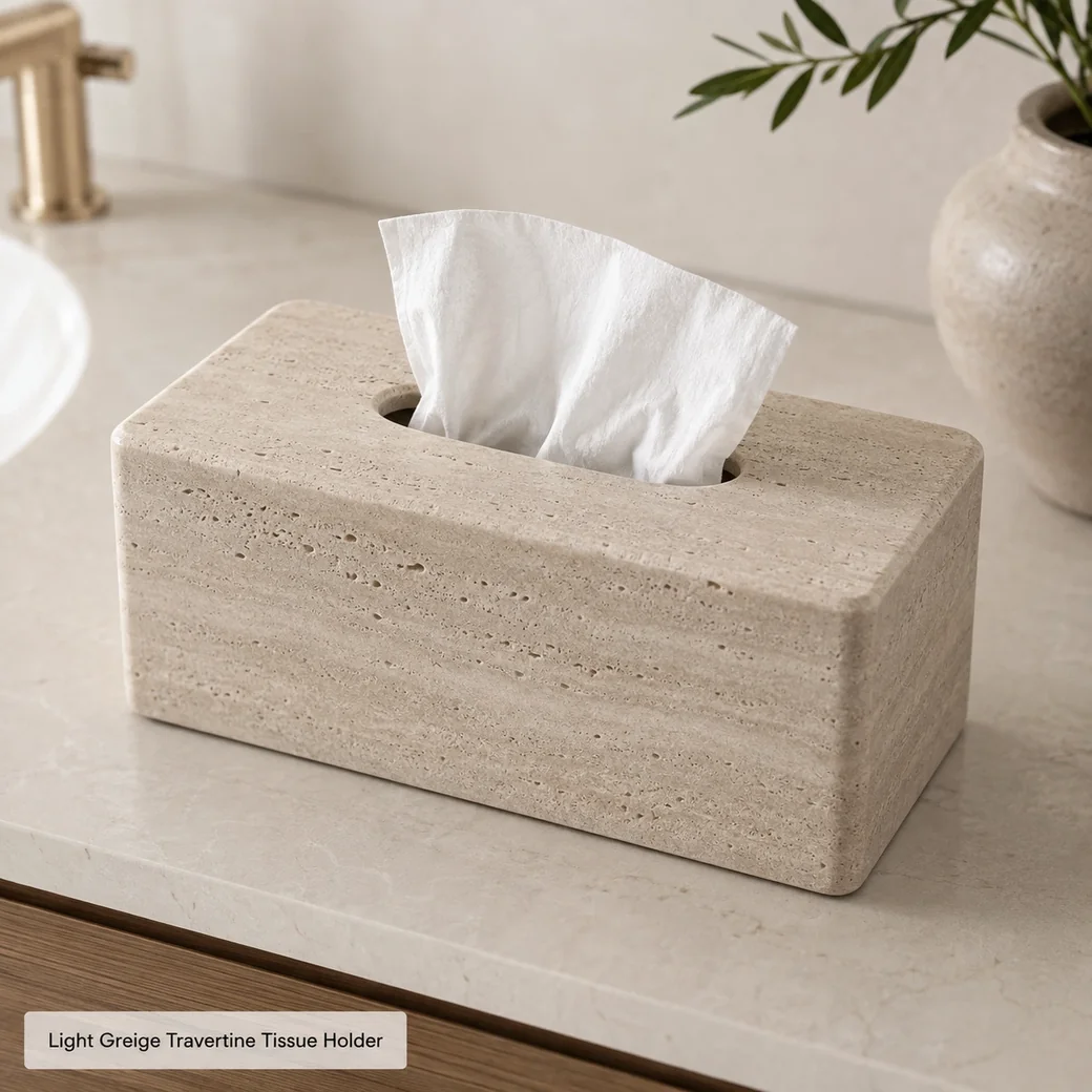 Light greige travertine tissue holder with honed finish and subtle natural pores