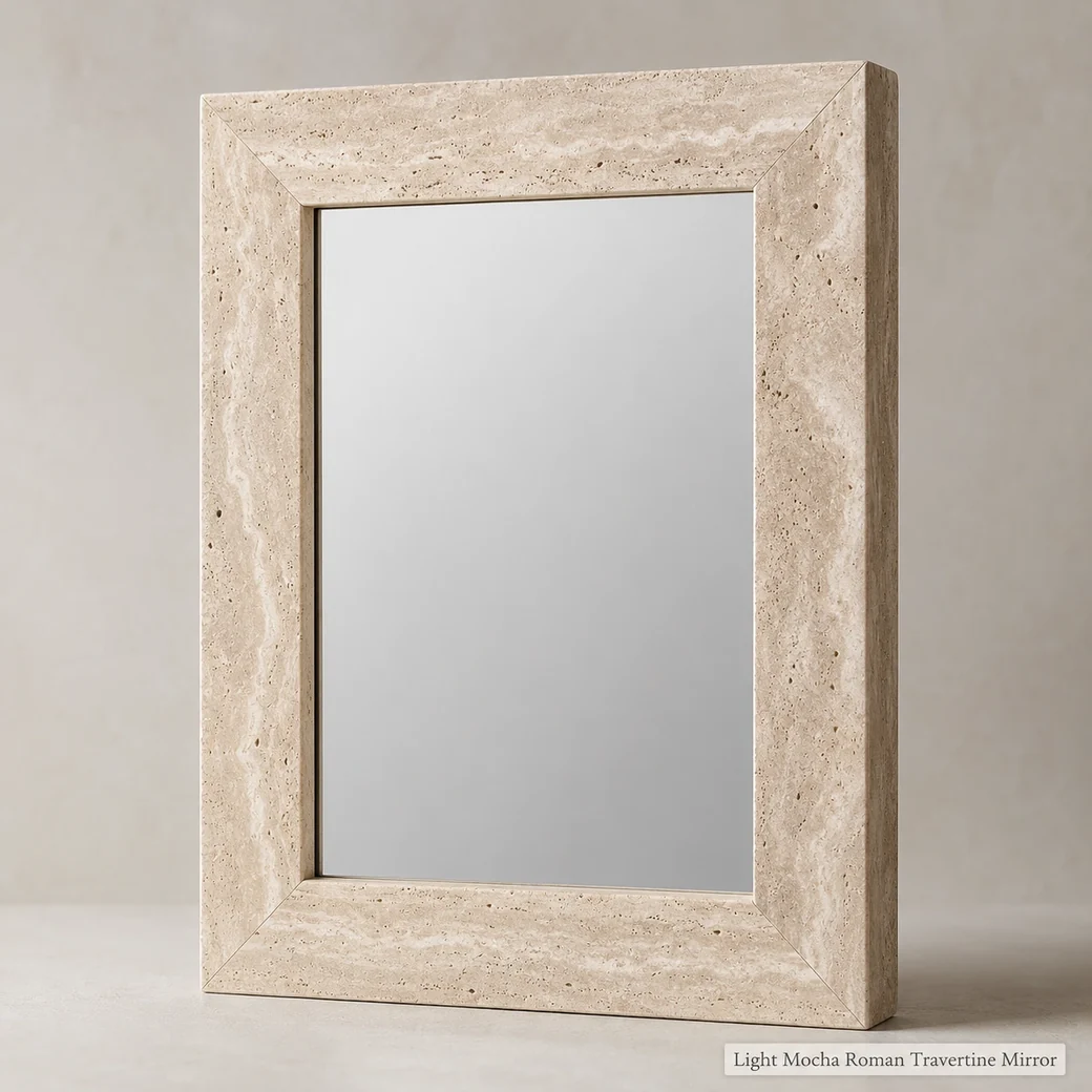 Light mocha Roman travertine mirror with brushed stone frame