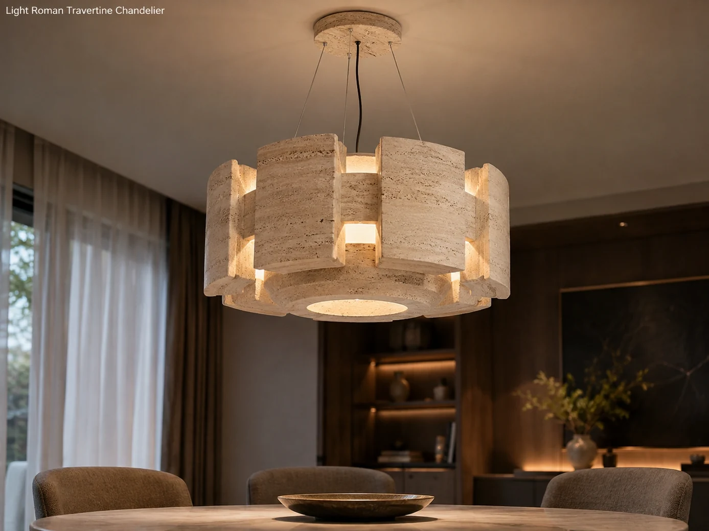 Sanded light Roman travertine chandelier with warm LED lighting suspended above a refined dining area