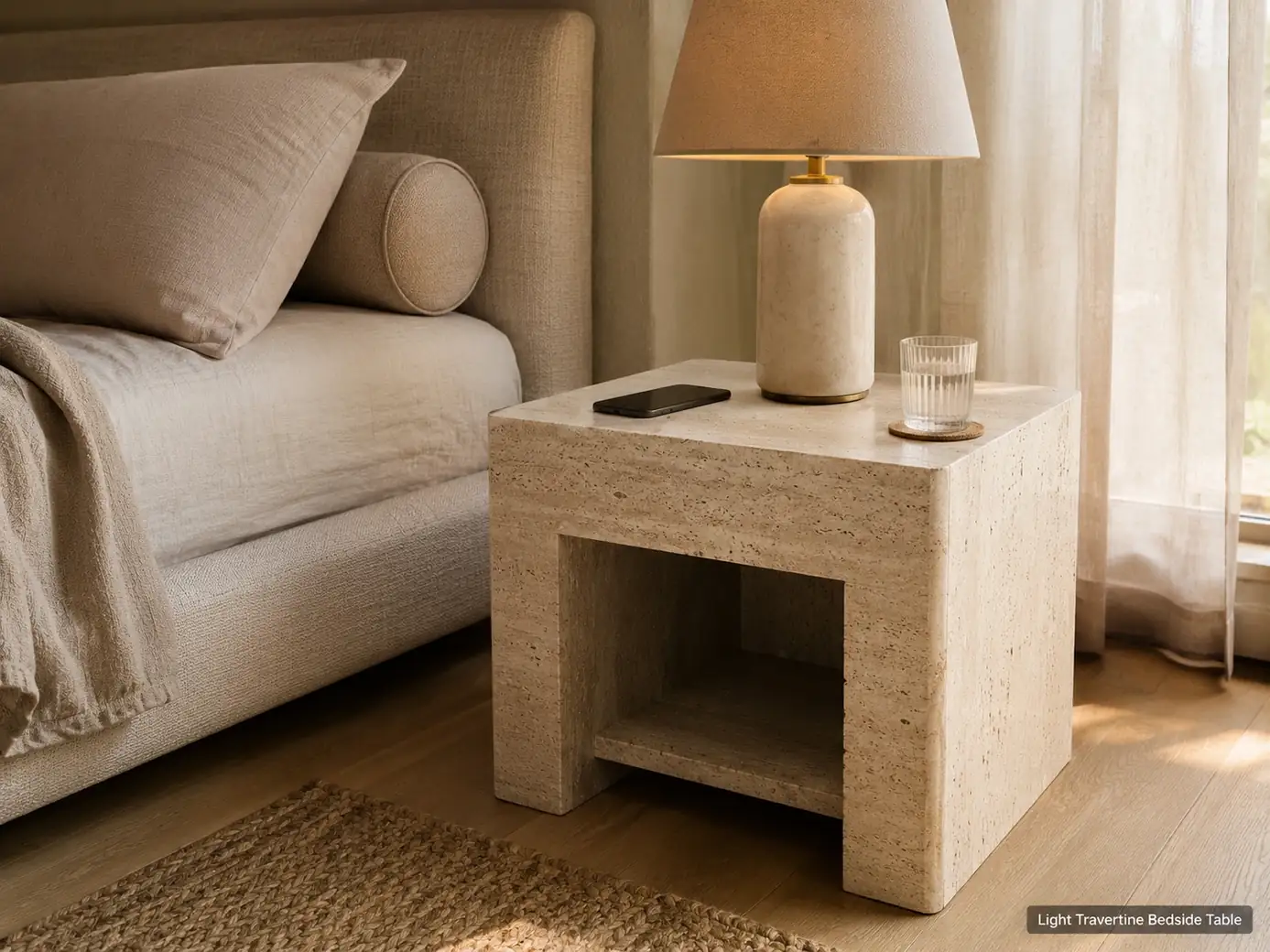 Brushed ivory travertine bedside table aligned near mattress height with lamp, phone and coastered glass.