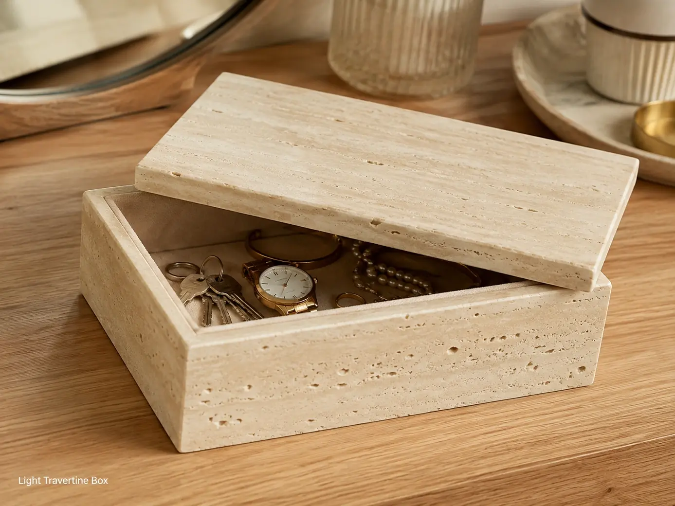 Polished cream travertine storage box with removable lid open to reveal jewellery and a soft-lined interior