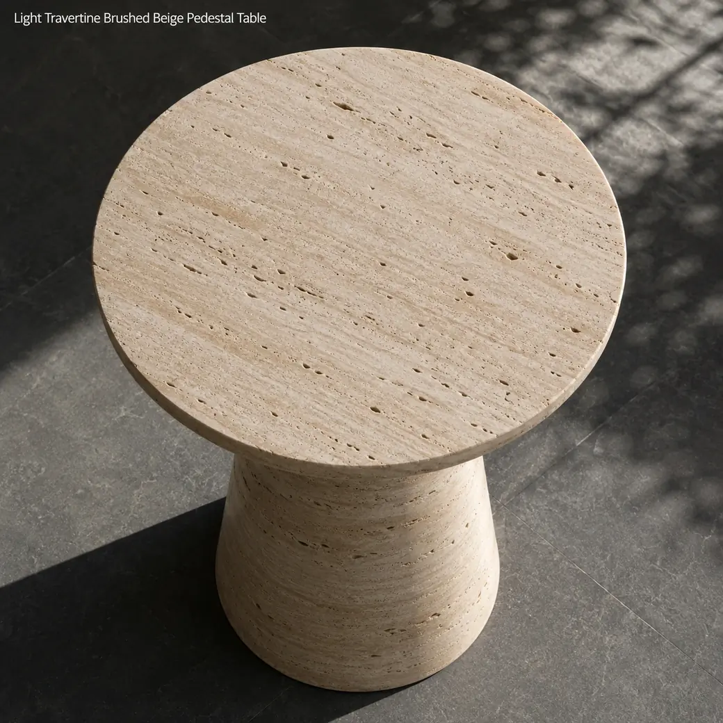 Top-down light beige travertine side table showing brushed open pores and tapered pedestal shadow
