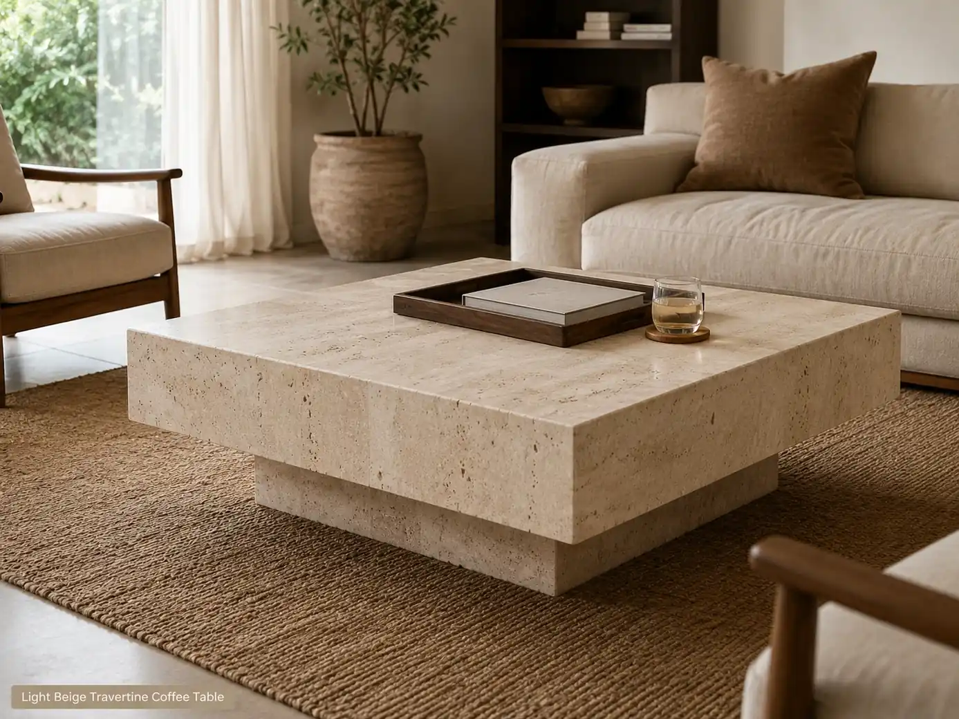 Honed light beige travertine coffee table as a sculptural centrepiece in a warm contemporary lounge.