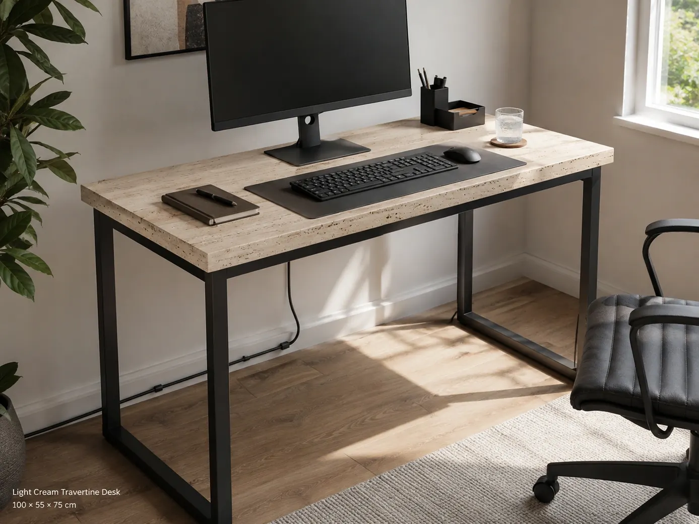 Honed light travertine desk with monitor, keyboard, notebook, desk mat and tidy cable routing.