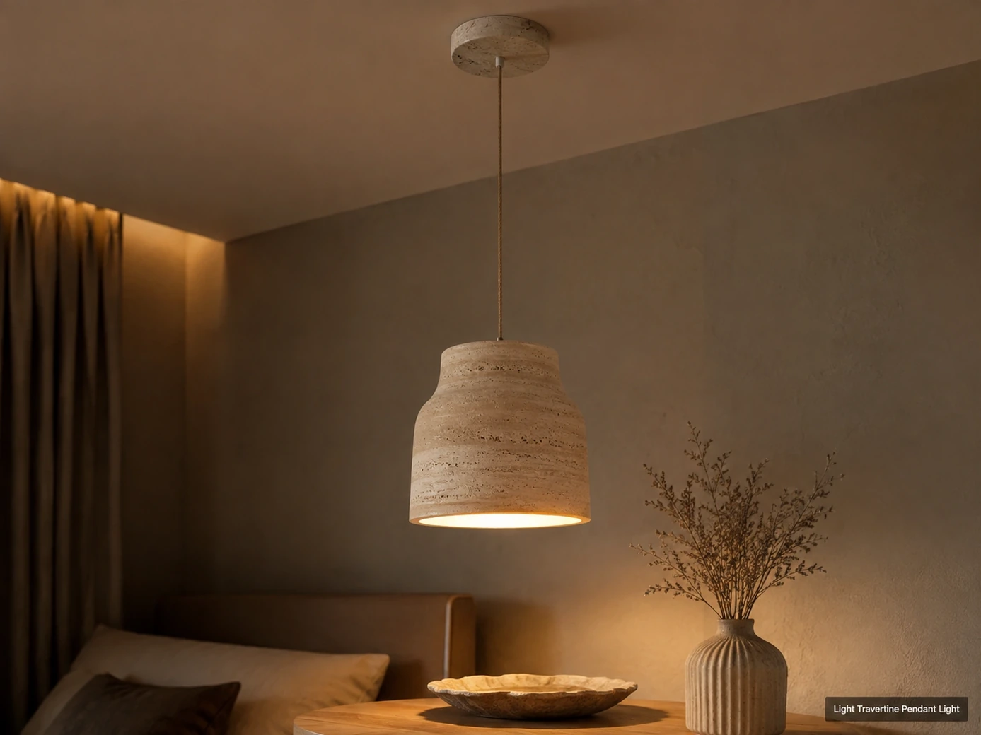 Brushed light travertine pendant light hanging above a table with warm downward illumination.