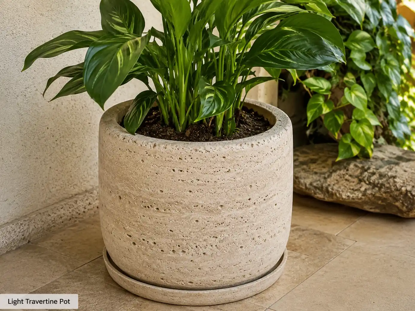 Light travertine plant pot with natural pores, drainage liner and green foliage in soft daylight