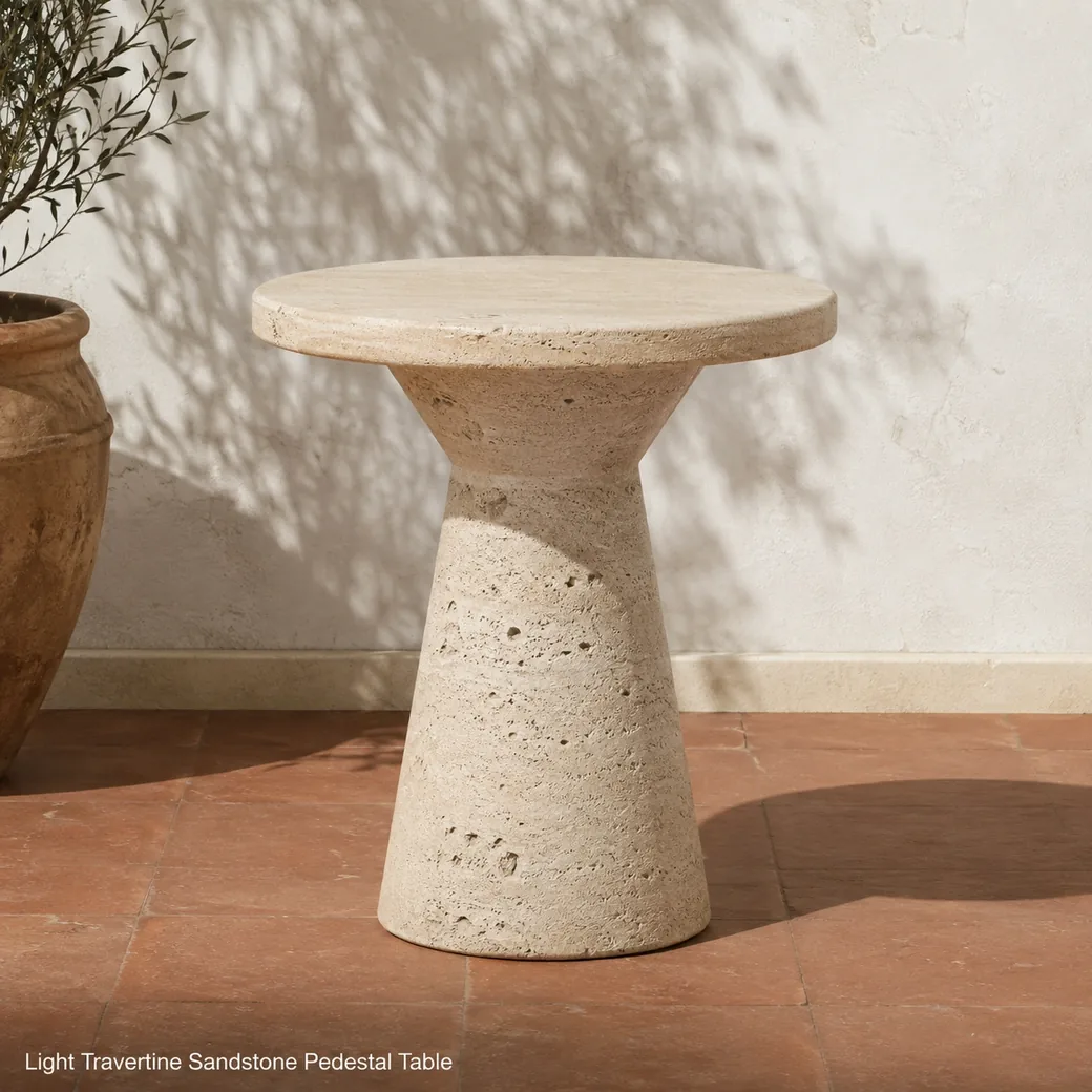 Front-view pale sand travertine accent table with open pores, honed top and tapered pedestal