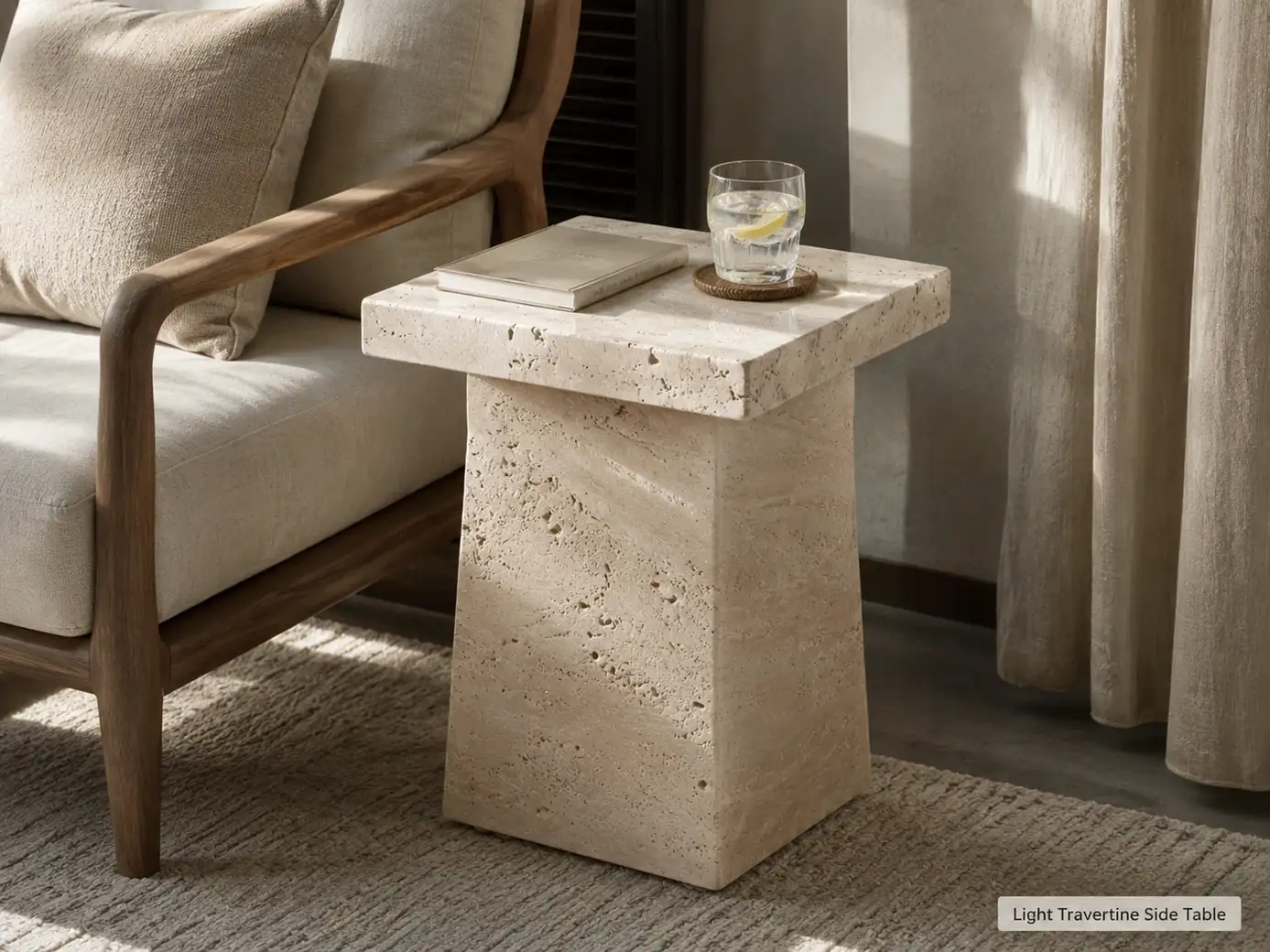 Brushed light travertine side table beside a lounge chair with book and coastered drink.