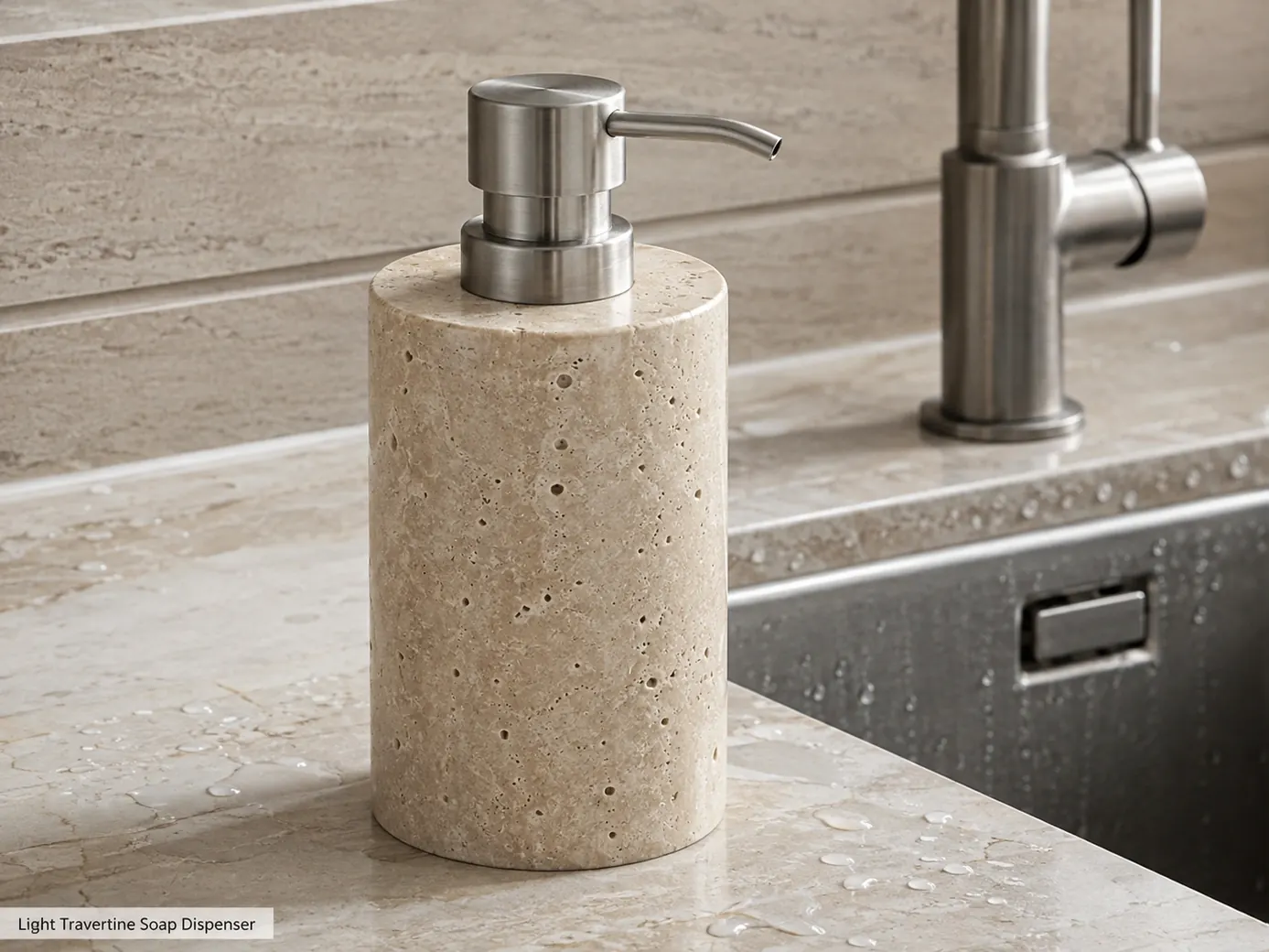 Polished light travertine soap dispenser with stainless-steel pump beside a refined sink.