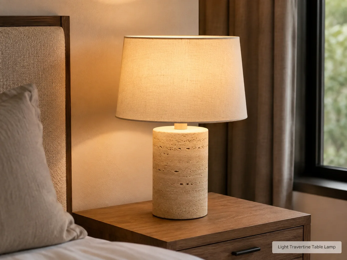 Brushed light travertine table lamp with compact stone base, shade and warm bedside illumination.