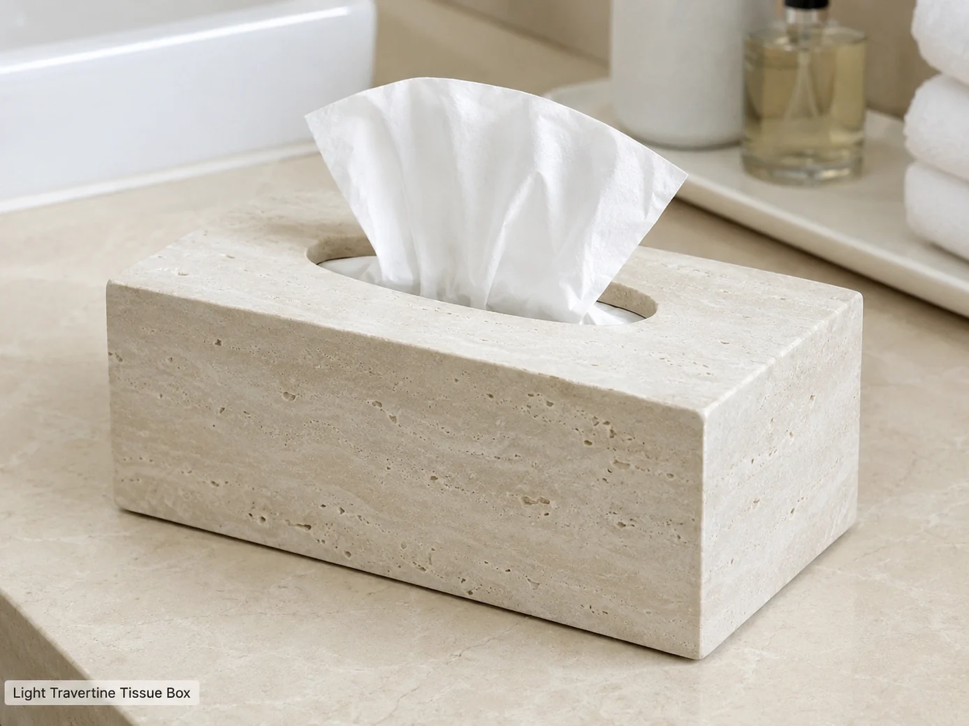 Honed light travertine tissue box with one tissue emerging from a rounded opening on a dry bathroom vanity.
