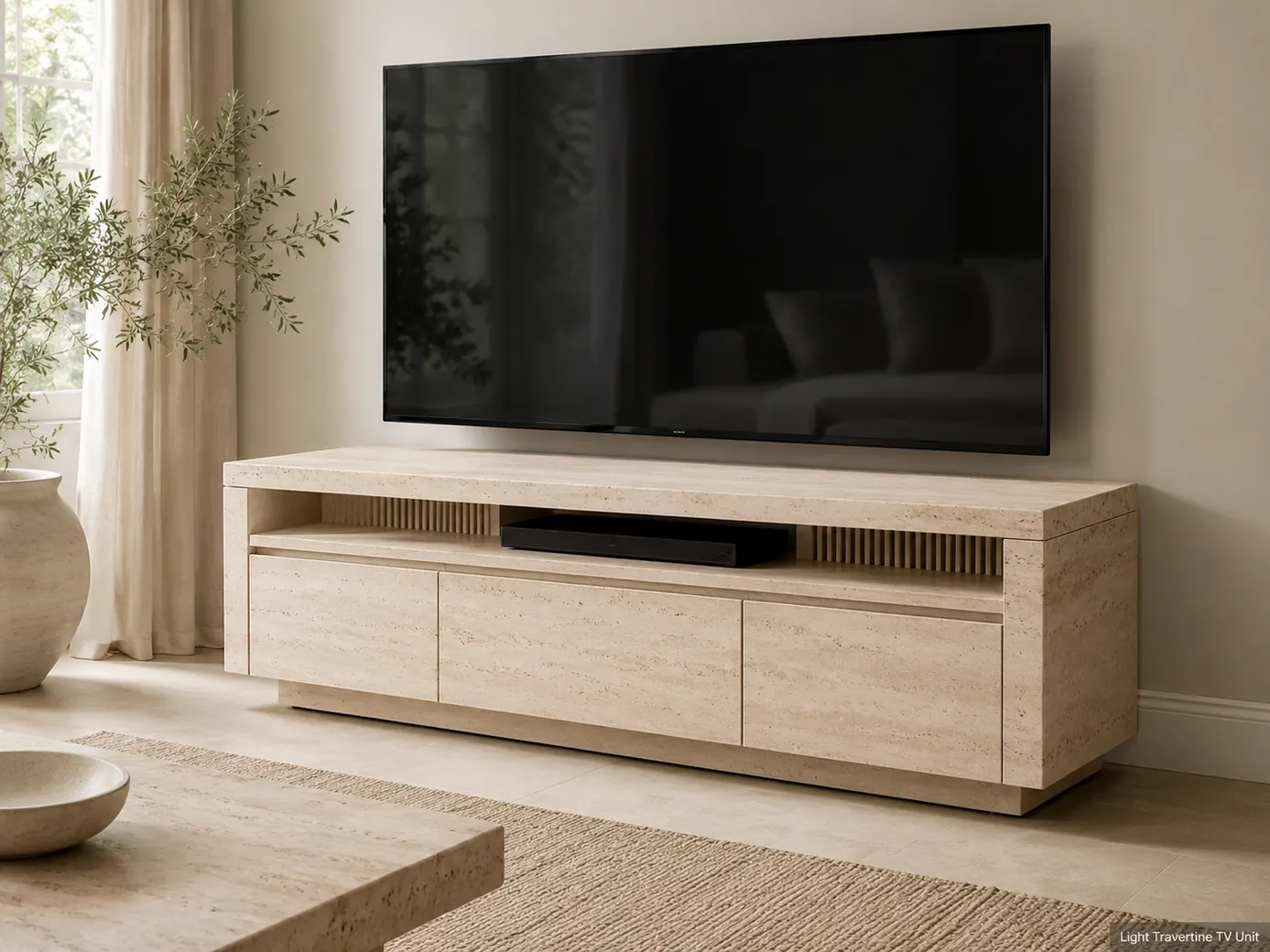 Honed light travertine TV unit with drawers, cable management and a balanced 65-inch television setup.