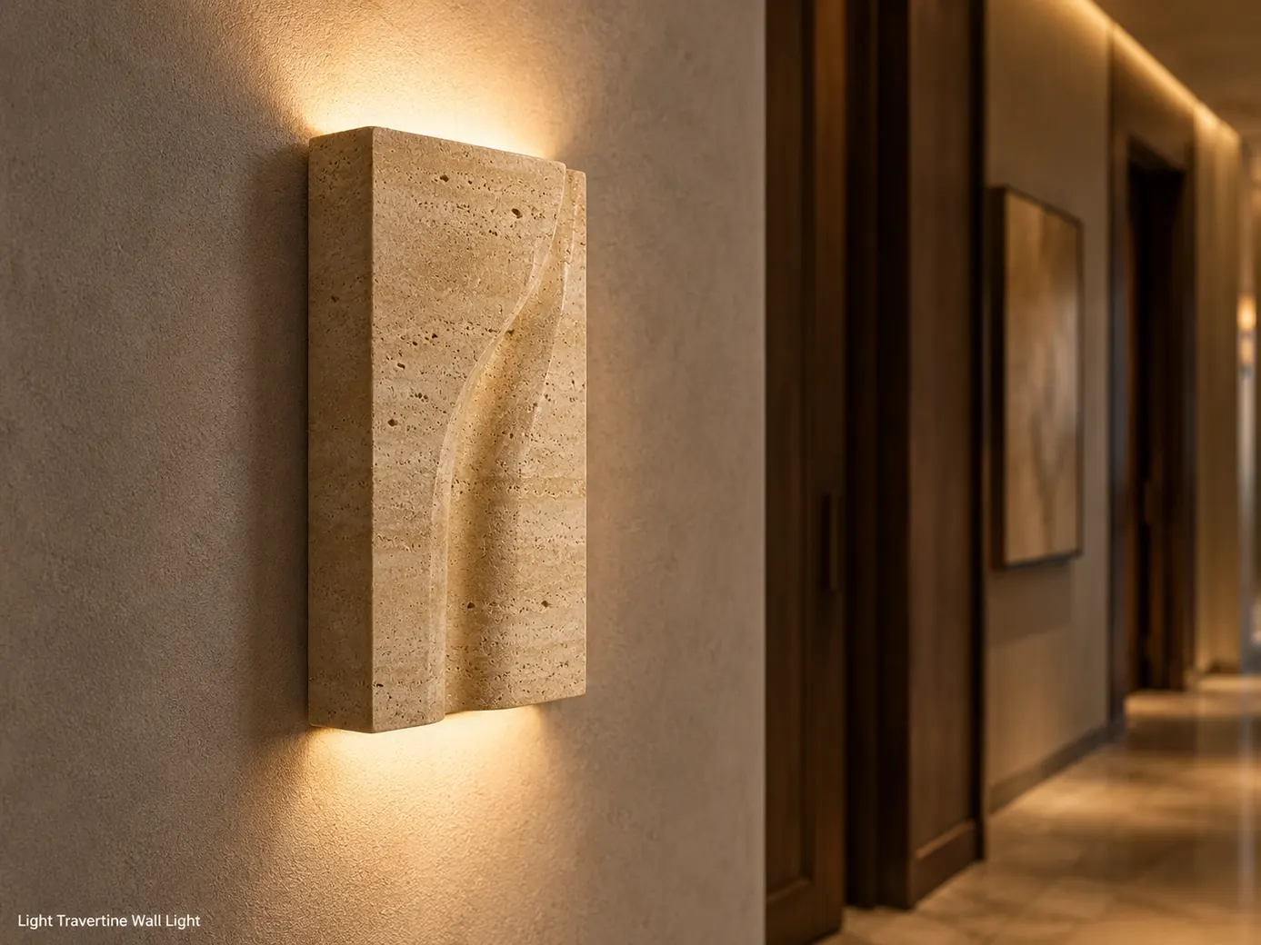 Sanded light travertine wall light casting soft upward and downward illumination in a hotel corridor.
