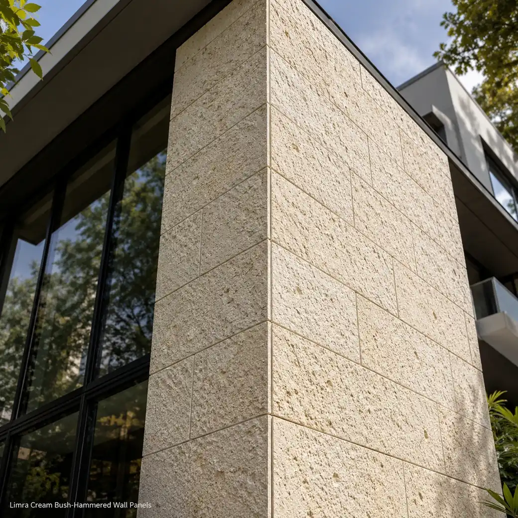 Limra bush-hammered wall panels wrapping a modern villa corner with textured cream limestone surfaces.