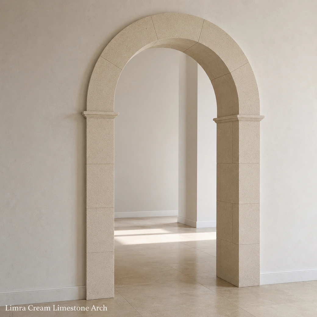 Limra cream limestone arch with sandblasted finish installed in a refined light-plaster interior.