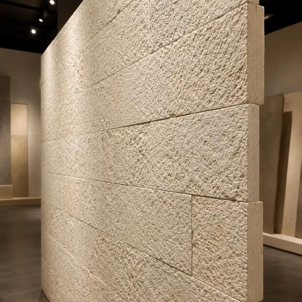 Tangent-view Limra cladding sample wall with ivory bush-hammered texture and exposed panel return.