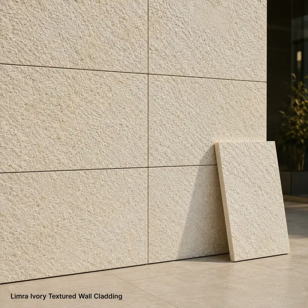 Limra limestone wall cladding in ivory cream with subtle beige undertones and bush-hammered texture.