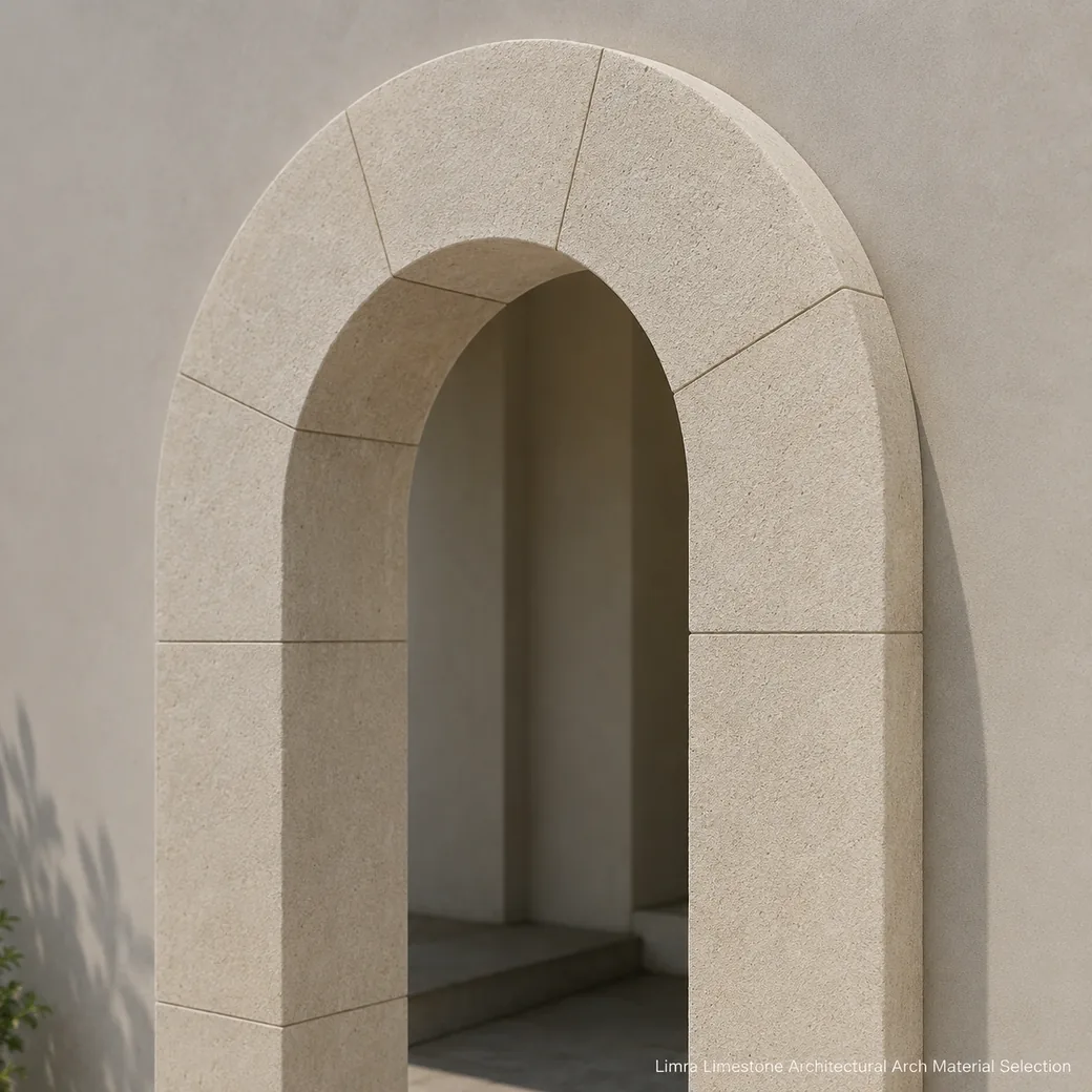 Sandblasted Limra limestone arch with soft cream-beige stone, shaped segments and architectural texture