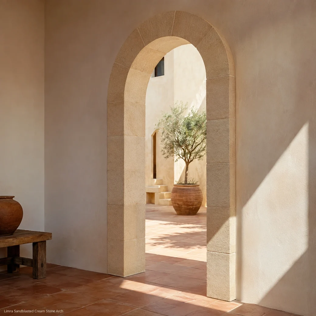 Rear oblique Limra limestone arch in a Mediterranean courtyard with visible opening depth and sunlit joints.