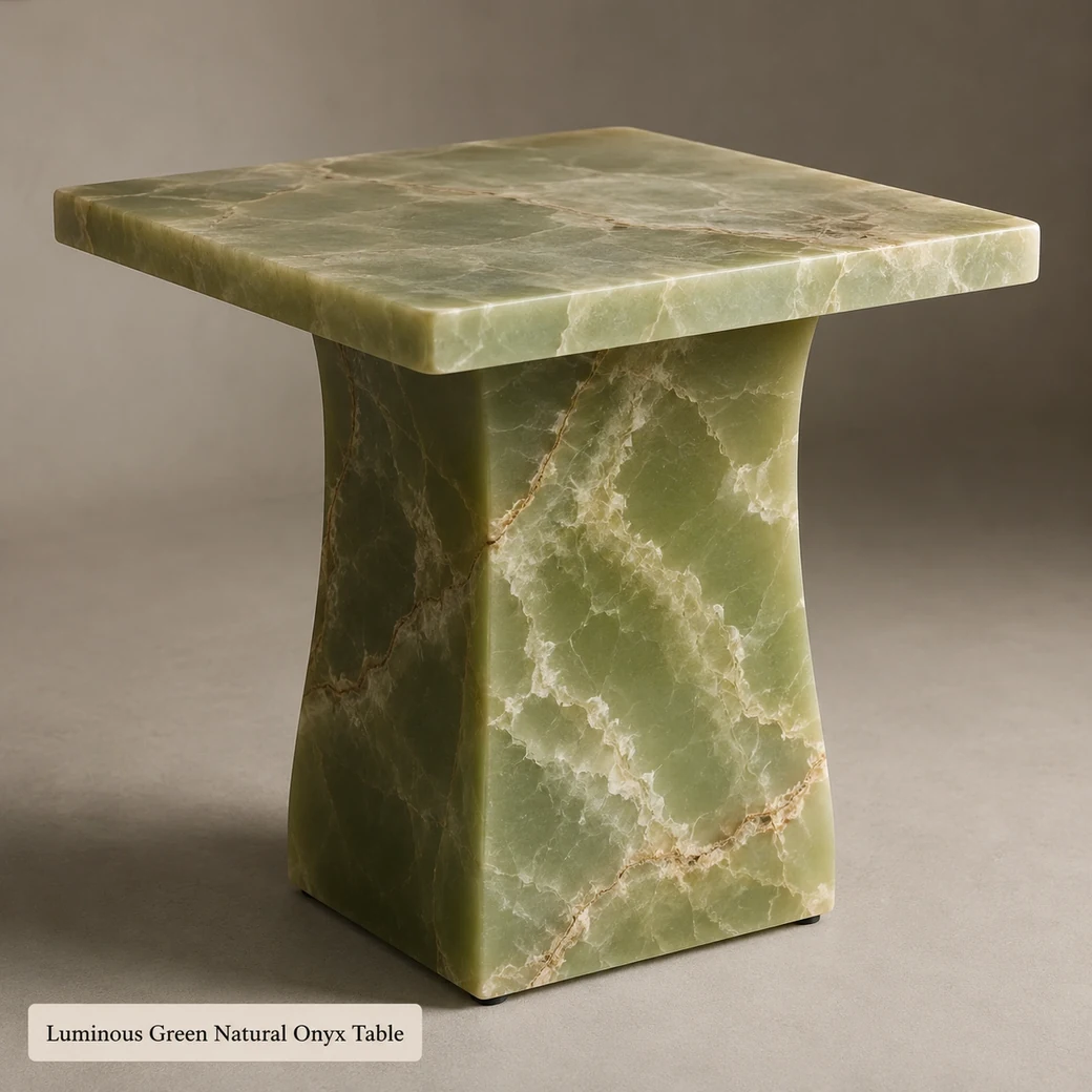 Luminous green natural onyx table with cream clouding and honed finish