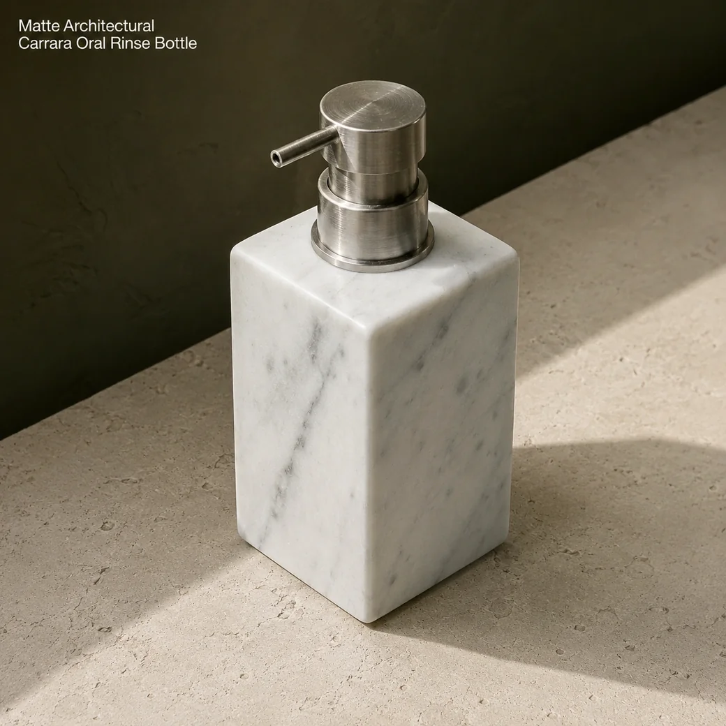 Architectural white Carrara mouthwash bottle on limestone vanity, high rear view showing pump top and square profile.