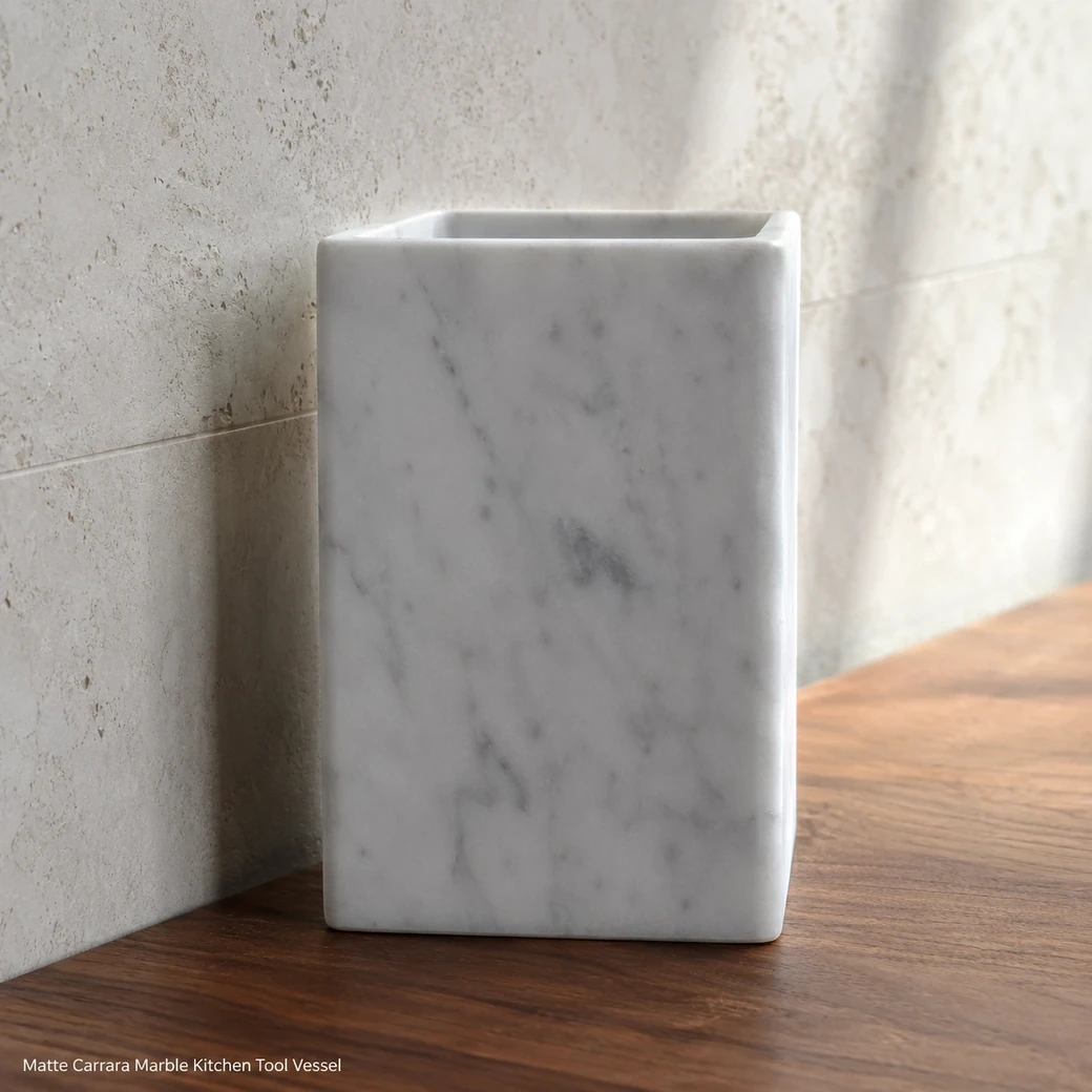 Low side-profile Carrara utensil crock on walnut with classic white-grey veins and matte-honed surface.