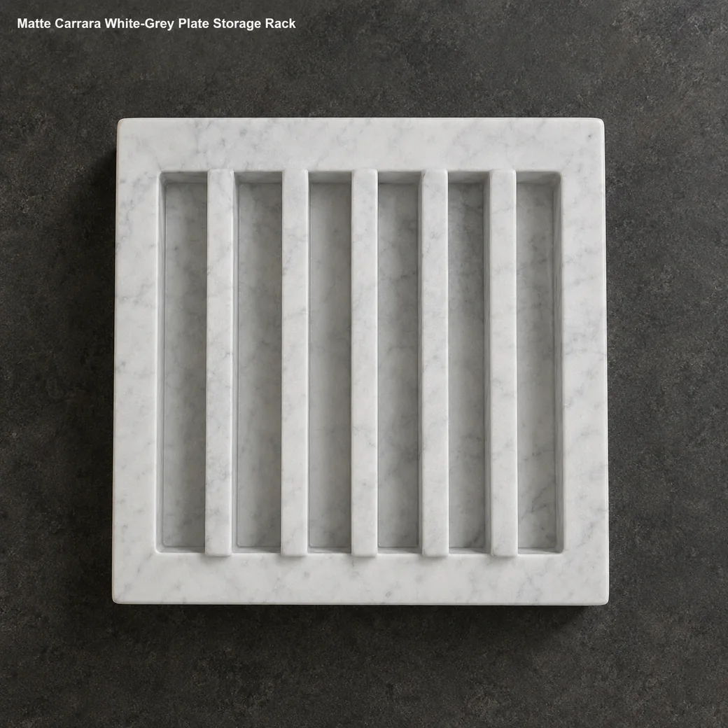 Soft grey Carrara plate organizer on charcoal counter, overhead view showing empty guides and square base layout.