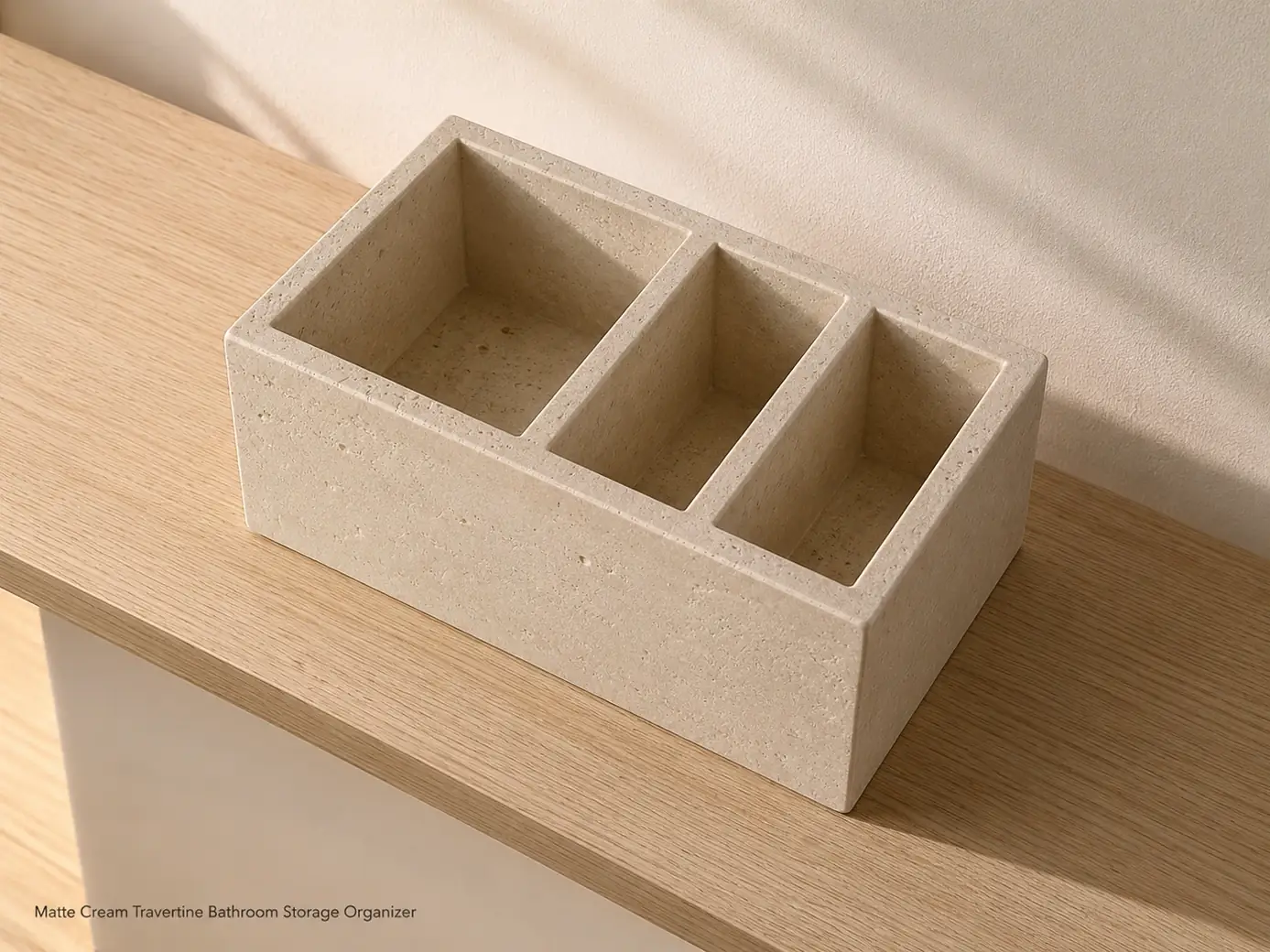 Matte cream travertine organizer viewed from a rear top-down angle on a pale oak bathroom shelf