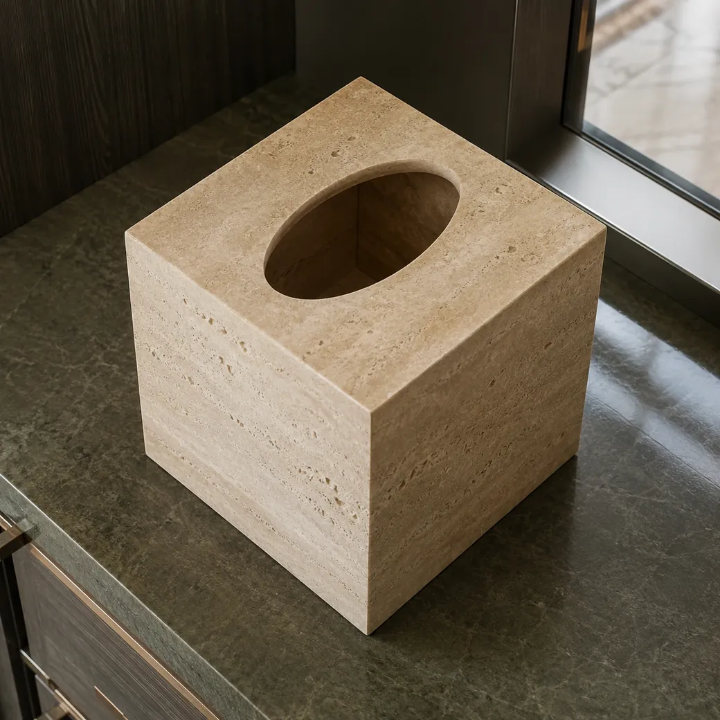 High rear view of honey beige travertine tissue cube with oval opening and matte filled stone faces.