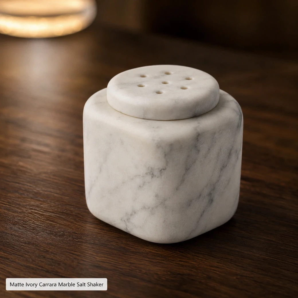 Ivory Carrara salt shaker on dark walnut, macro side view showing its matte grain and drilled stone top